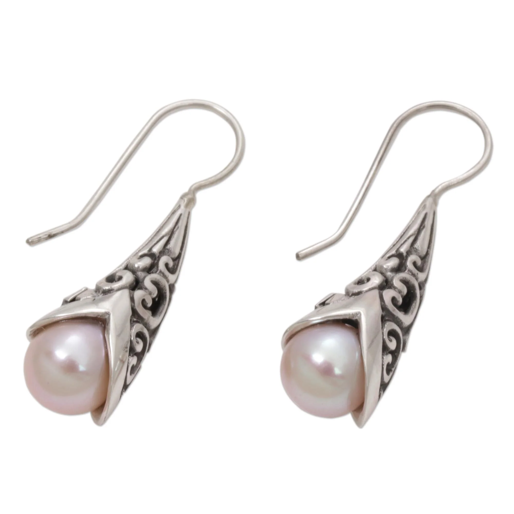 Emerging Beauty in Peach Cultured Pearl and Sterling Silver Drop Earrings from Bali - Image 4