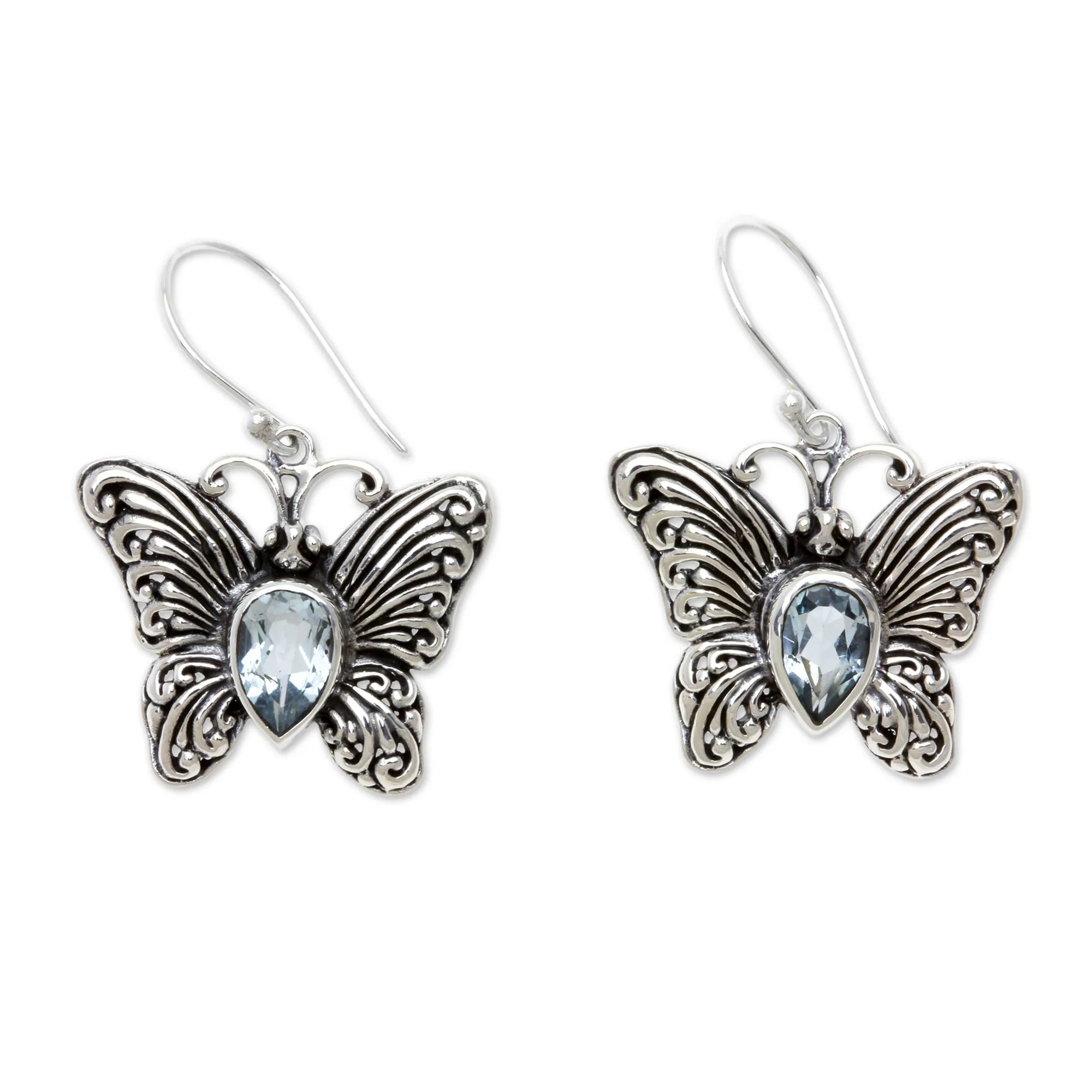 Enchanted Butterfly Handcrafted Indonesian Silver and Blue Topaz Earrings - Image 2