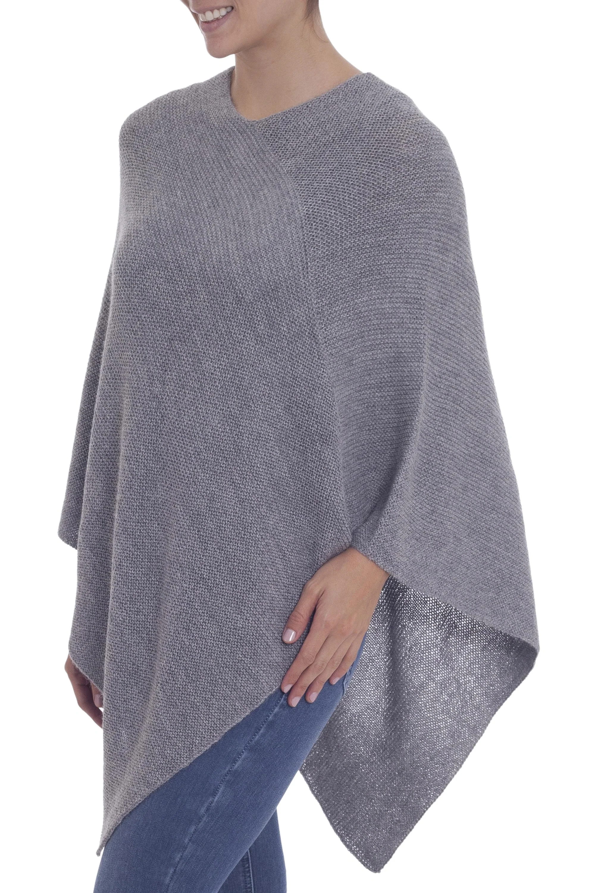 Enchanted Evening in Smoke Knit Grey 100% Alpaca Poncho from Peru - Image 2