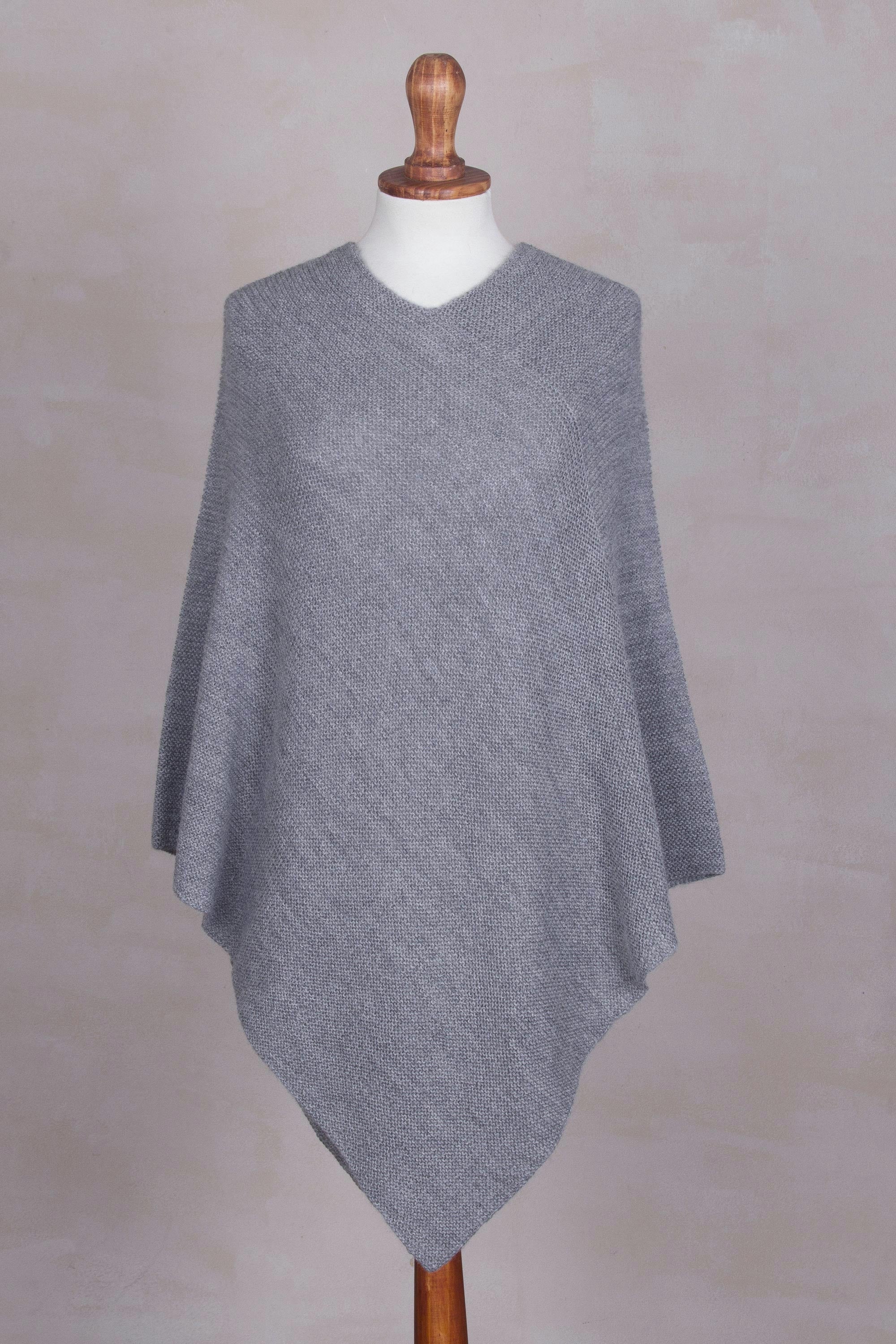 Enchanted Evening in Smoke Knit Grey 100% Alpaca Poncho from Peru - Image 4