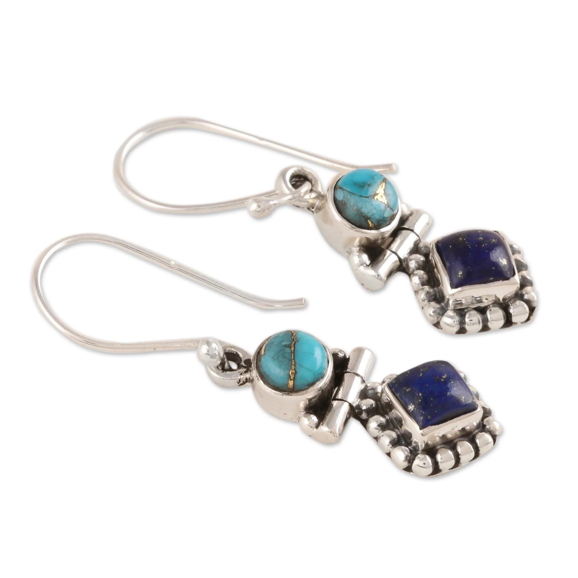 Enchanting Duo Lapis Lazuli and Composite Turquoise Dangle Earrings - Image 4