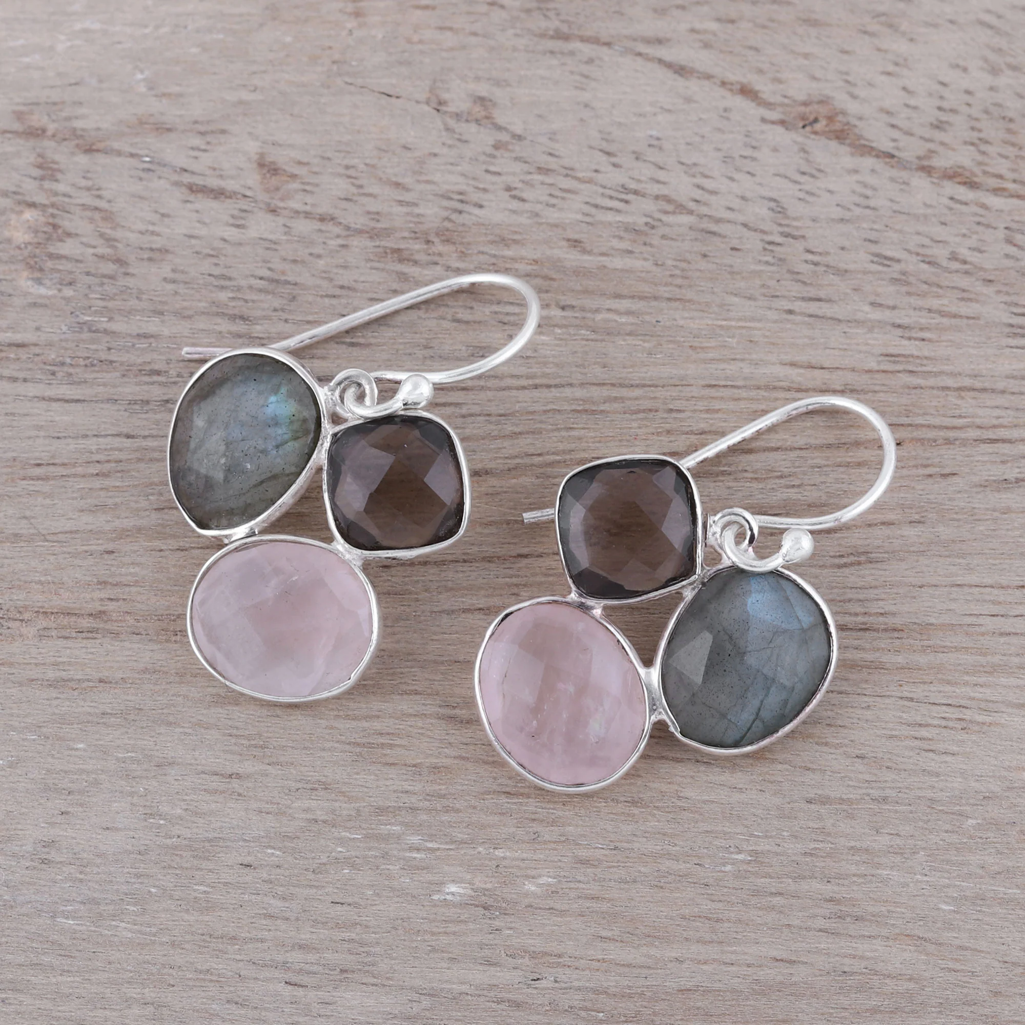 Enchanting Trinity Multi-Gemstone Sterling Silver Dangle Earrings from India - Image 3