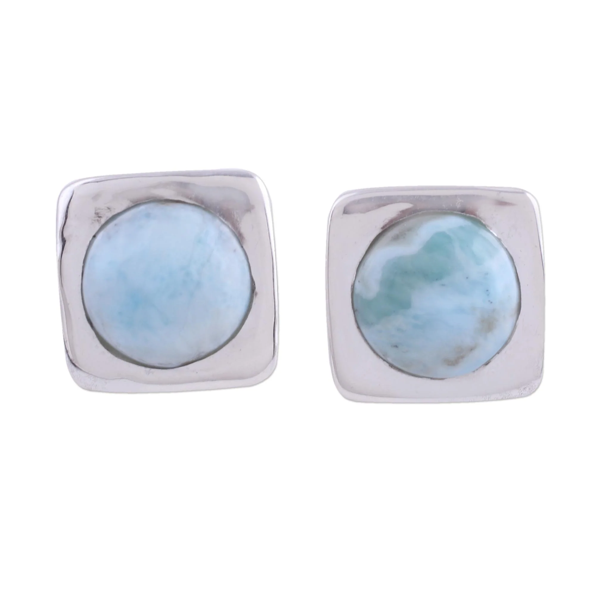 Encompass Larimar and Sterling Silver Button Earrings from India - Image 2