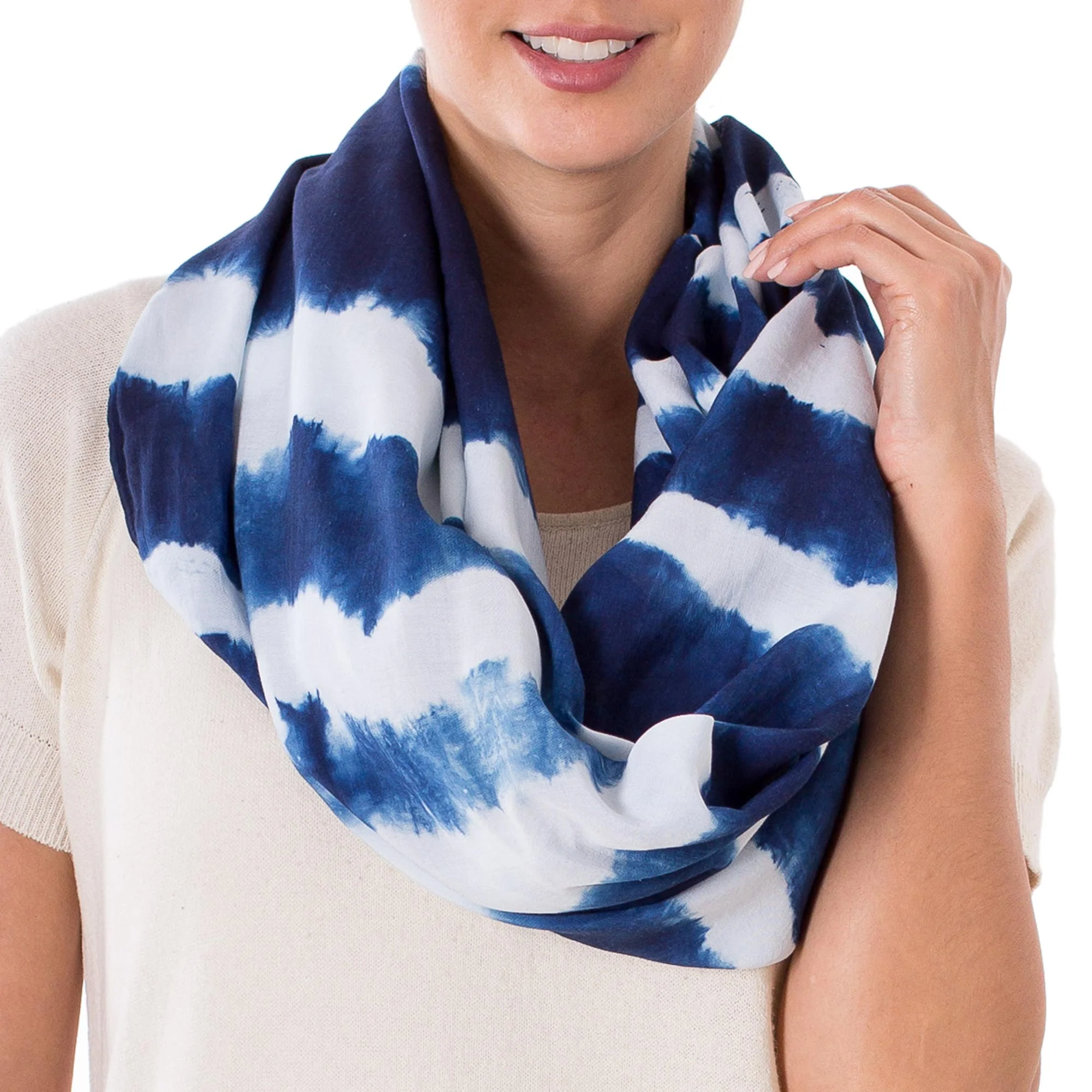 Endless Indigo Indigo and White Stripe Shibori Dyed Cotton Infinity Scarf - Image 3