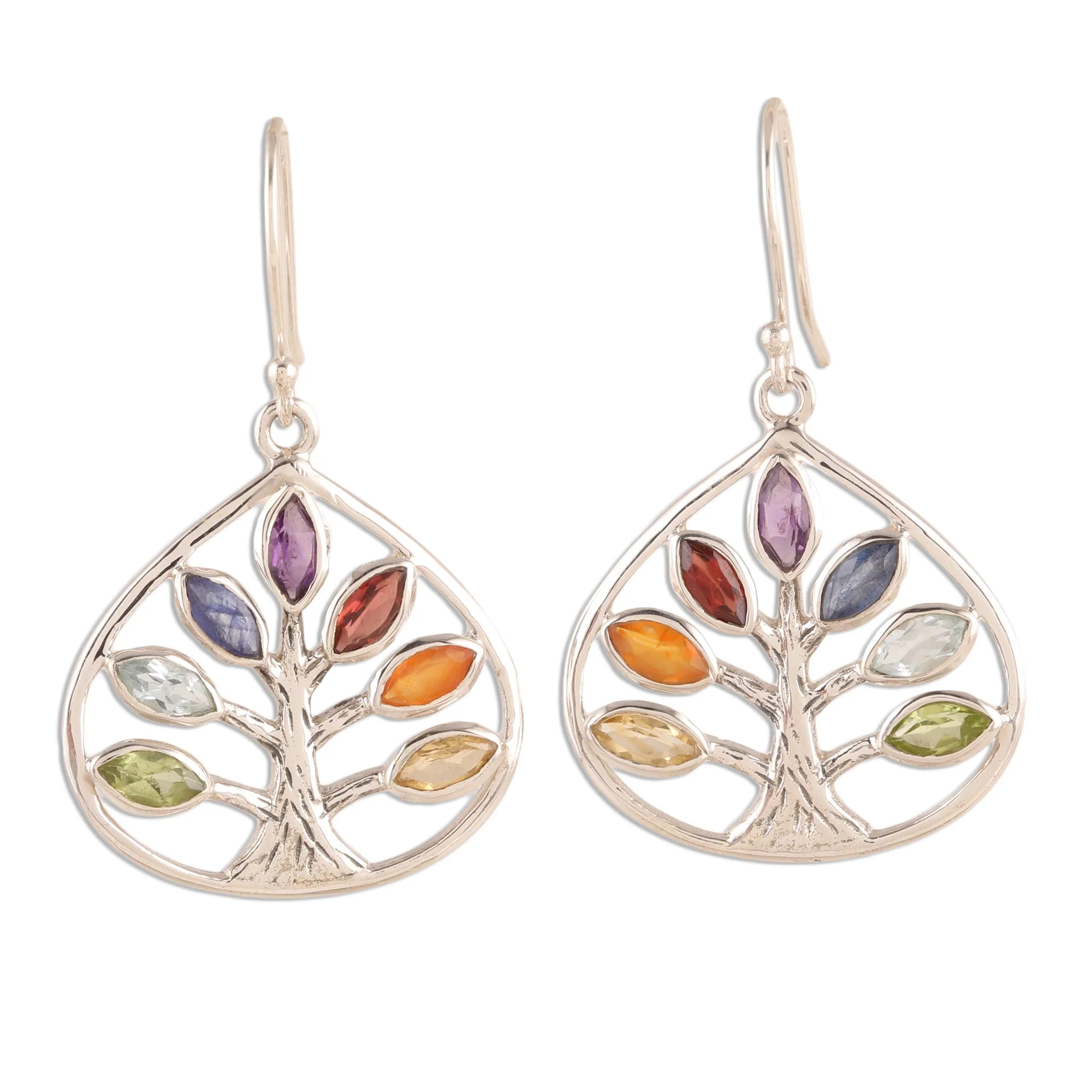 Energy Tree Multi-Gemstone Chakra Tree Dangle Earrings from India - Image 2