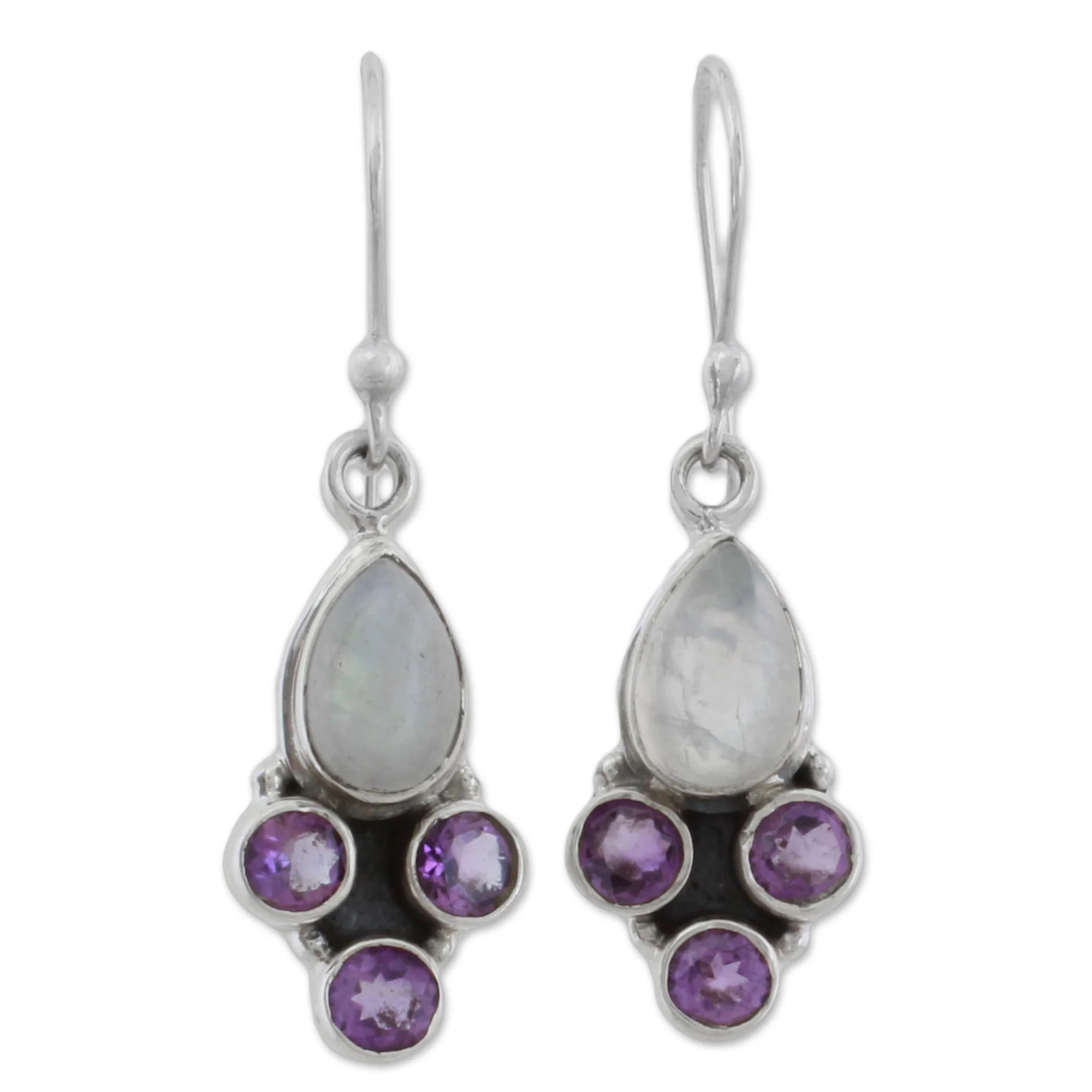 Enthralling Sky in Purple Rainbow Moonstone and Amethyst Dangle Earrings from India - Image 2