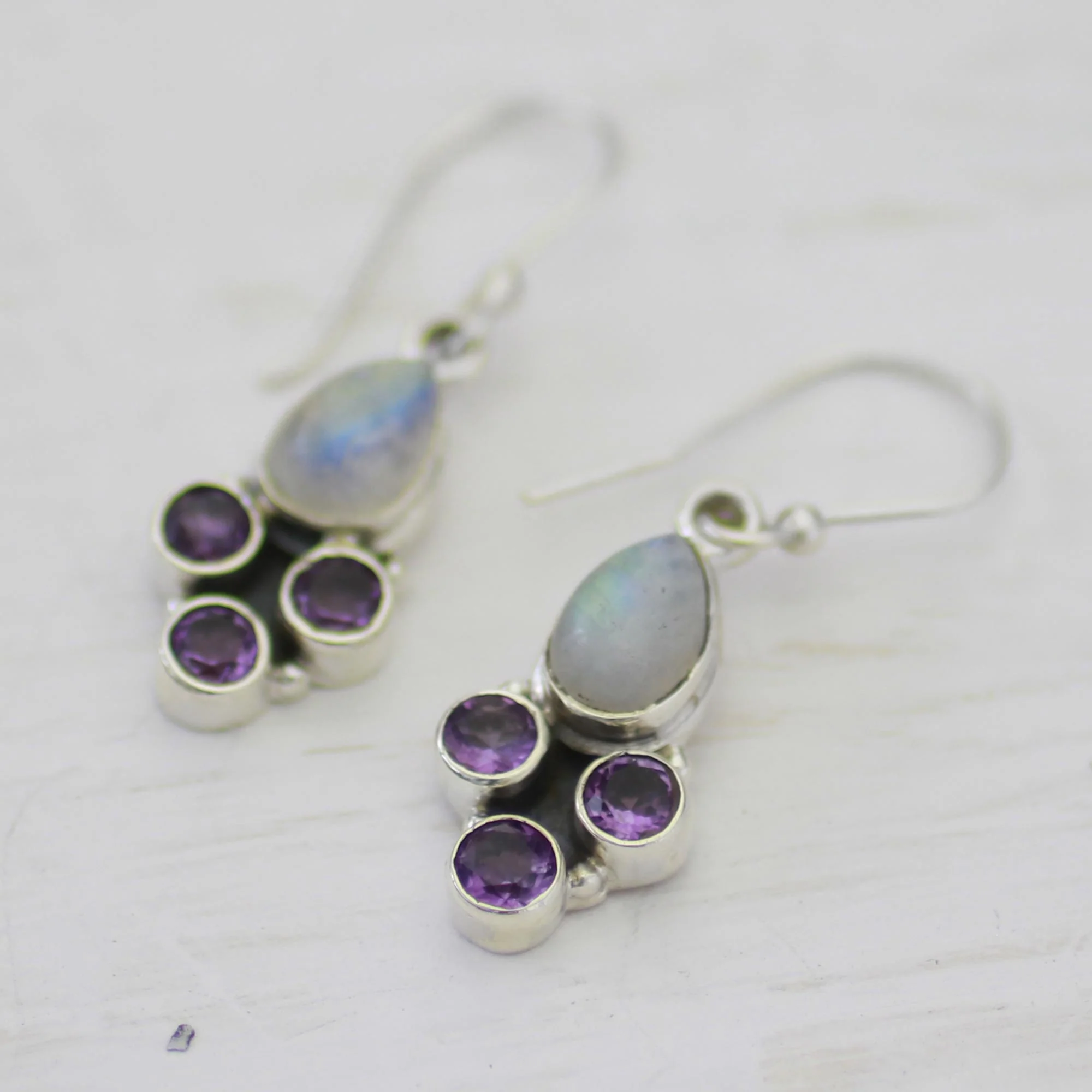 Enthralling Sky in Purple Rainbow Moonstone and Amethyst Dangle Earrings from India - Image 4