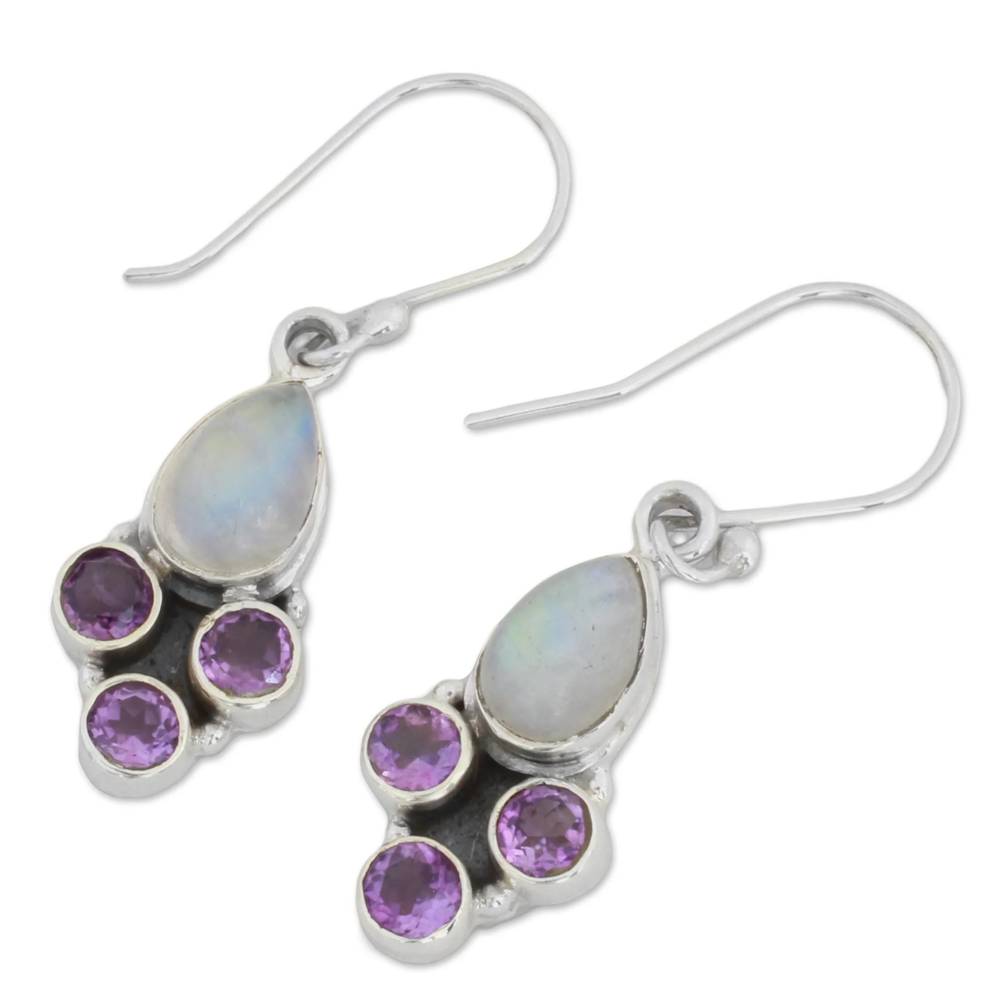 Enthralling Sky in Purple Rainbow Moonstone and Amethyst Dangle Earrings from India - Image 5