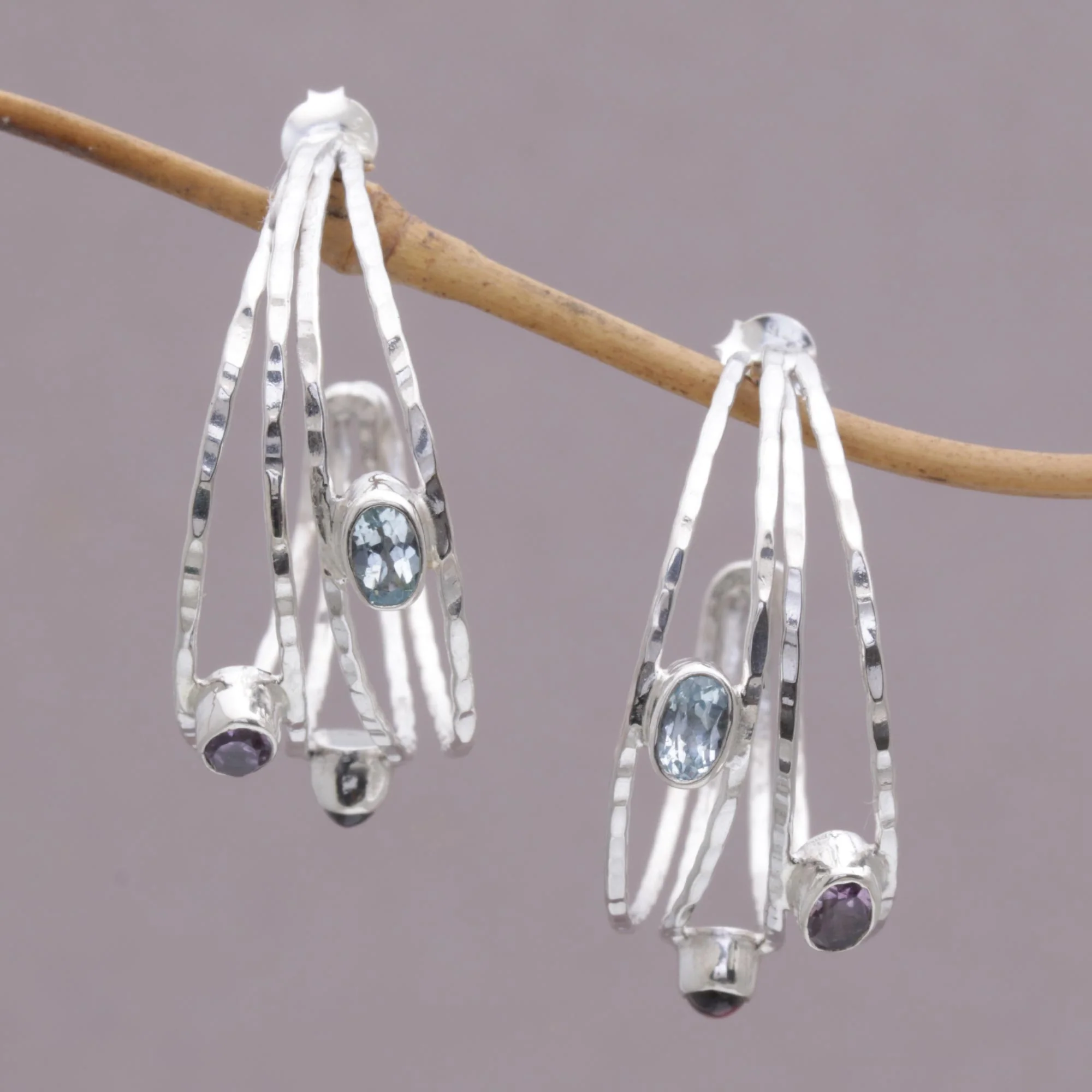 Eternal Majesty Multigemstone and Sterling Silver Half Hoop Earrings - Image 3