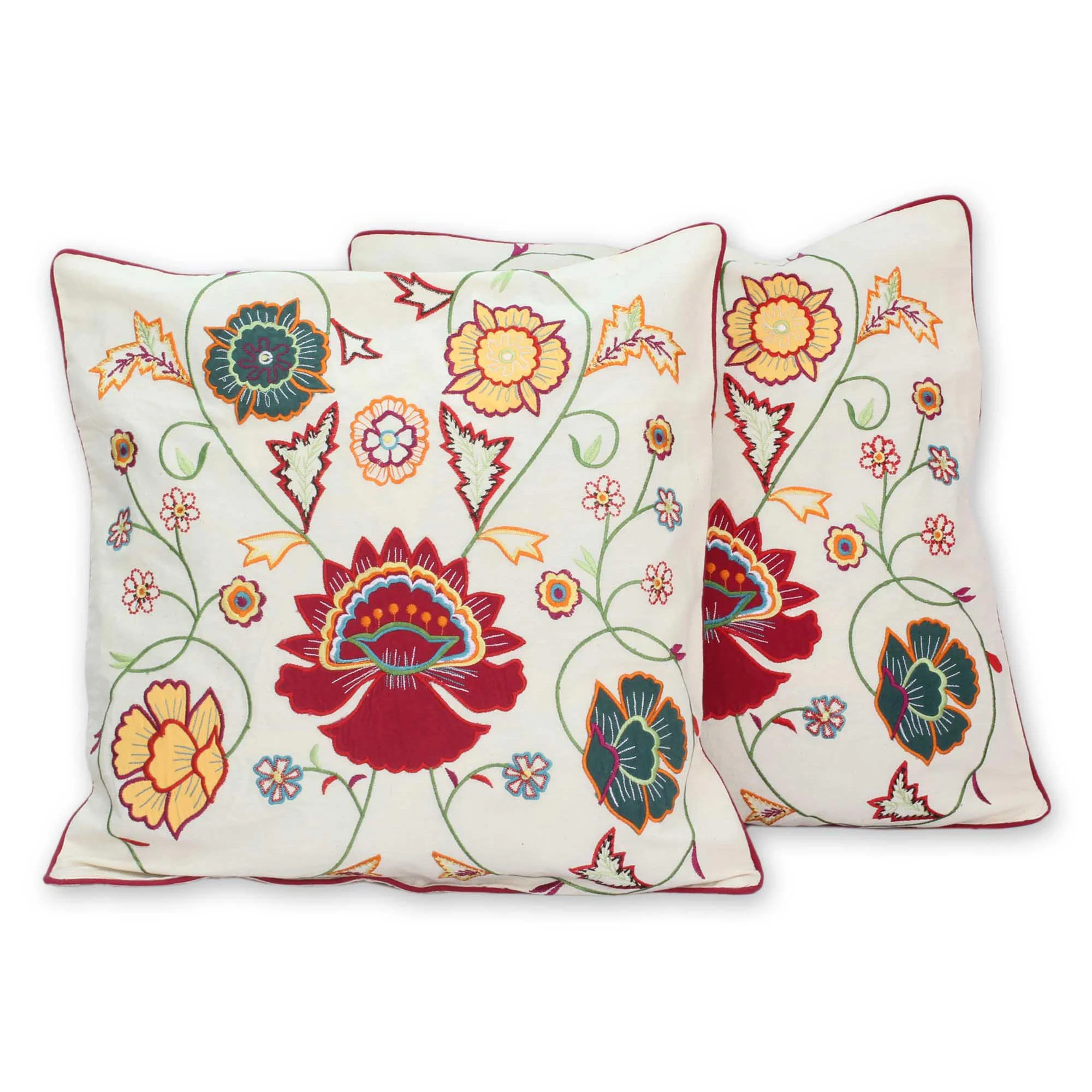Eternal Spring Embroidered Cotton Cushion Covers from India (Pair) - Image 2