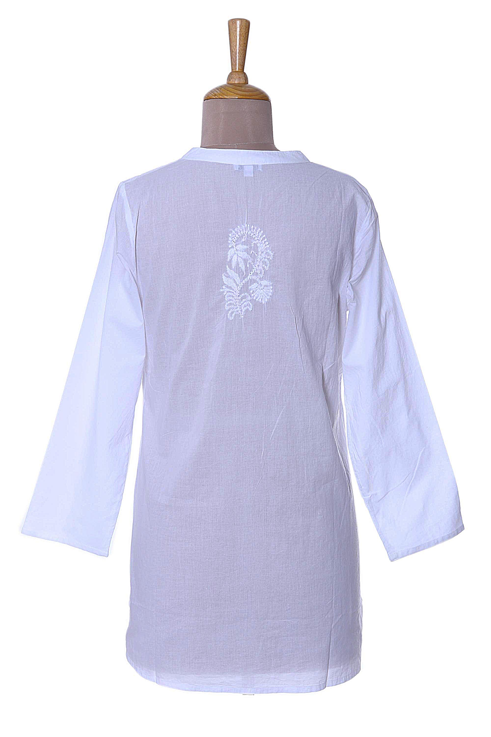 Ethereal Bloom Long Sleeve Floral White Blouse Hand Embroidered in India - Image 4