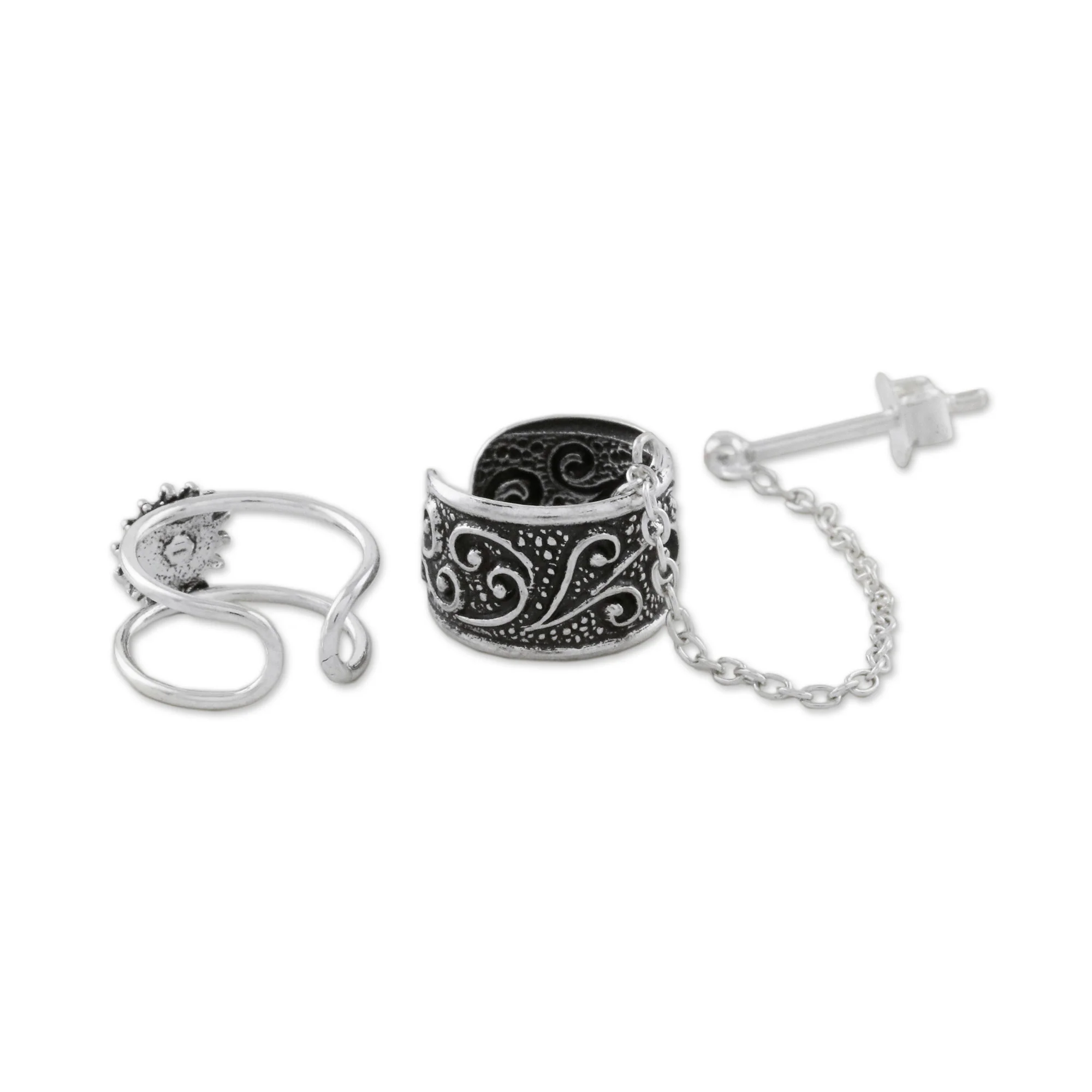 Ethereal Breeze Spiral Motif Sterling Silver Ear Cuffs with Chain - Image 2