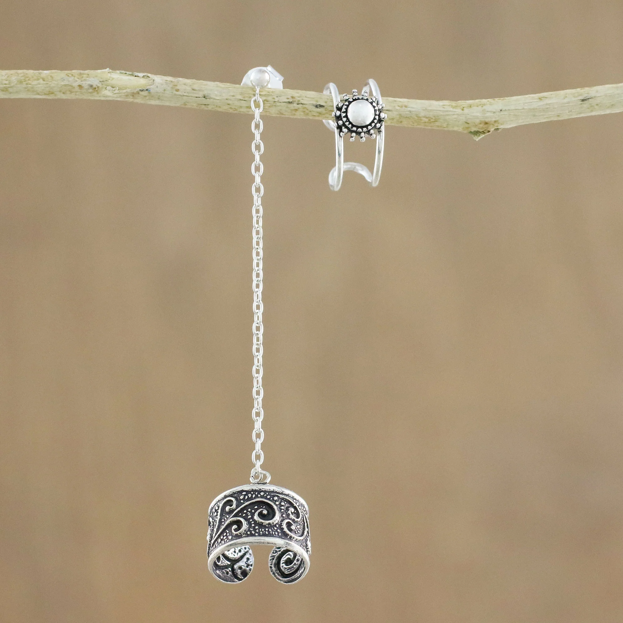 Ethereal Breeze Spiral Motif Sterling Silver Ear Cuffs with Chain - Image 3