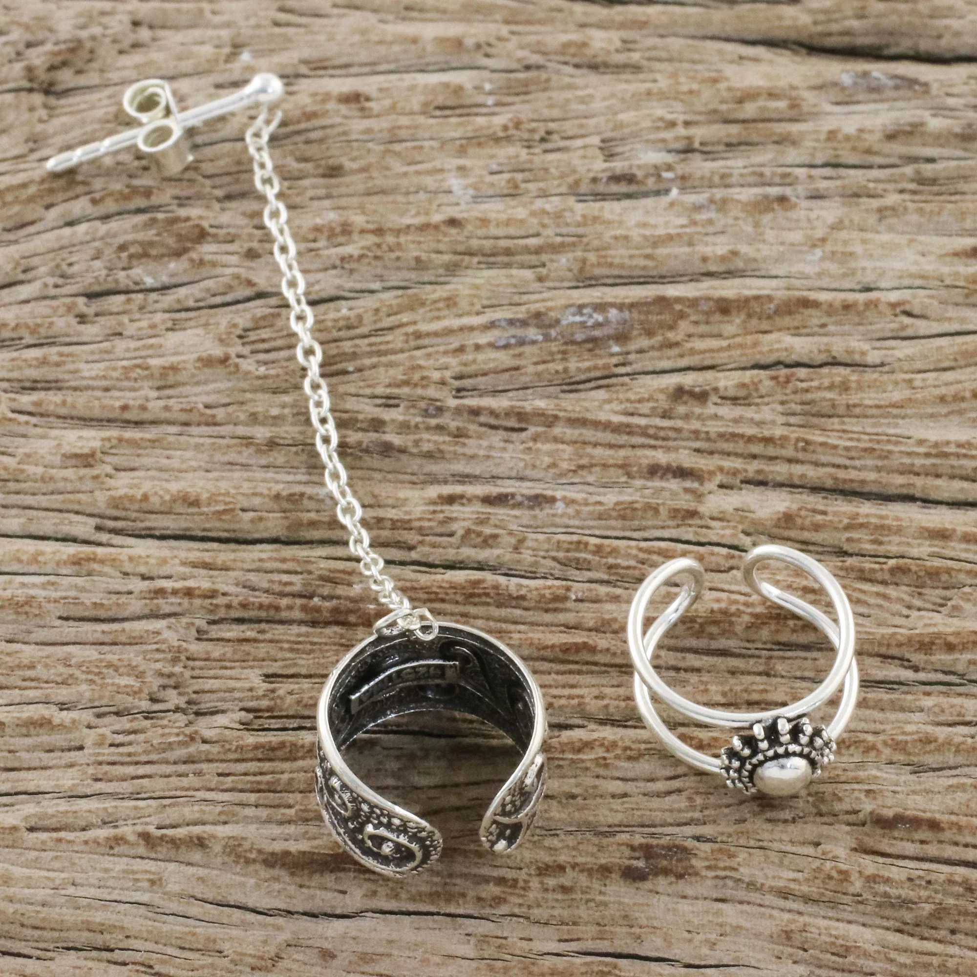 Ethereal Breeze Spiral Motif Sterling Silver Ear Cuffs with Chain - Image 4