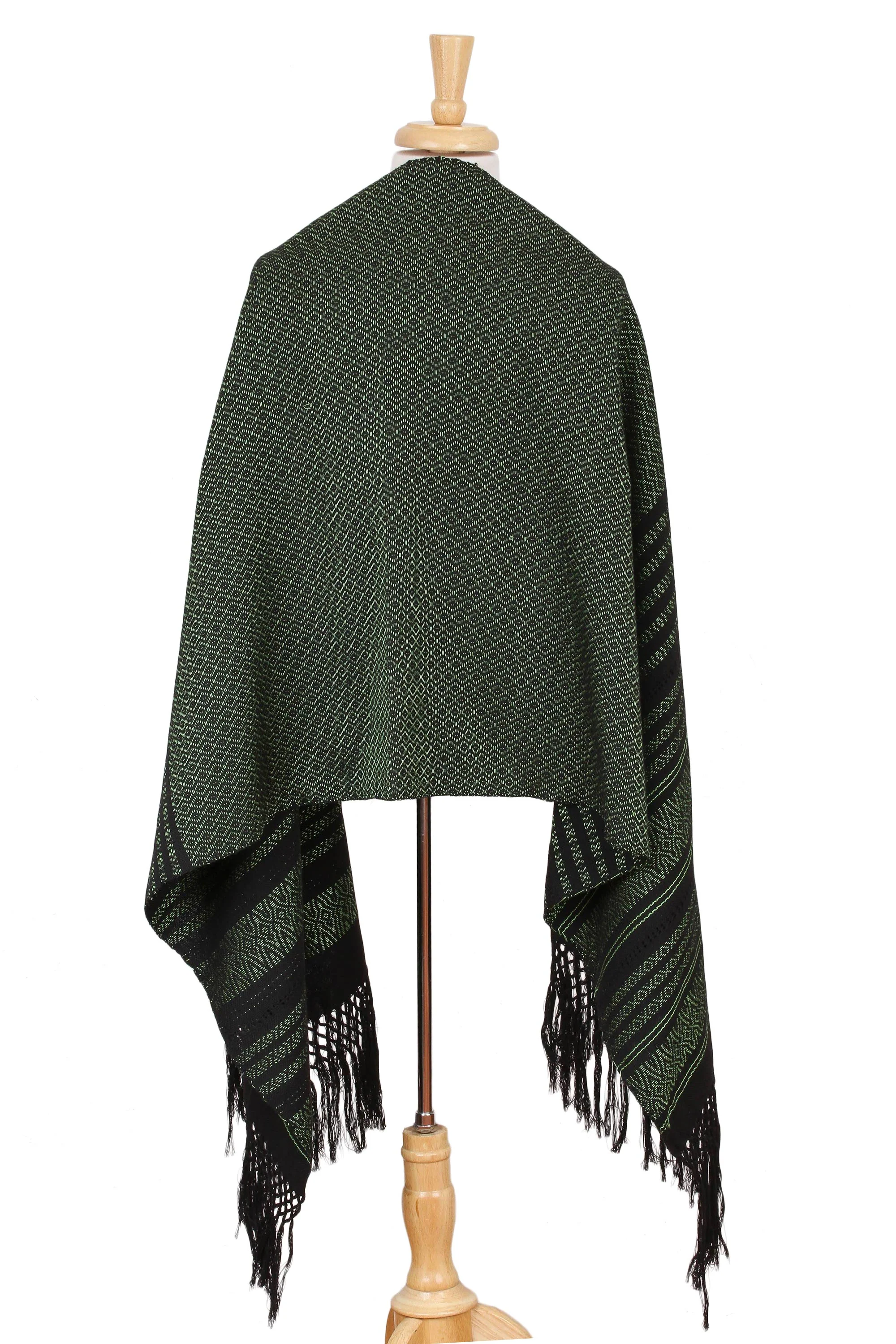Evening Drama Green on Black Handwoven Fringed Mexican Rebozo Shawl - Image 4