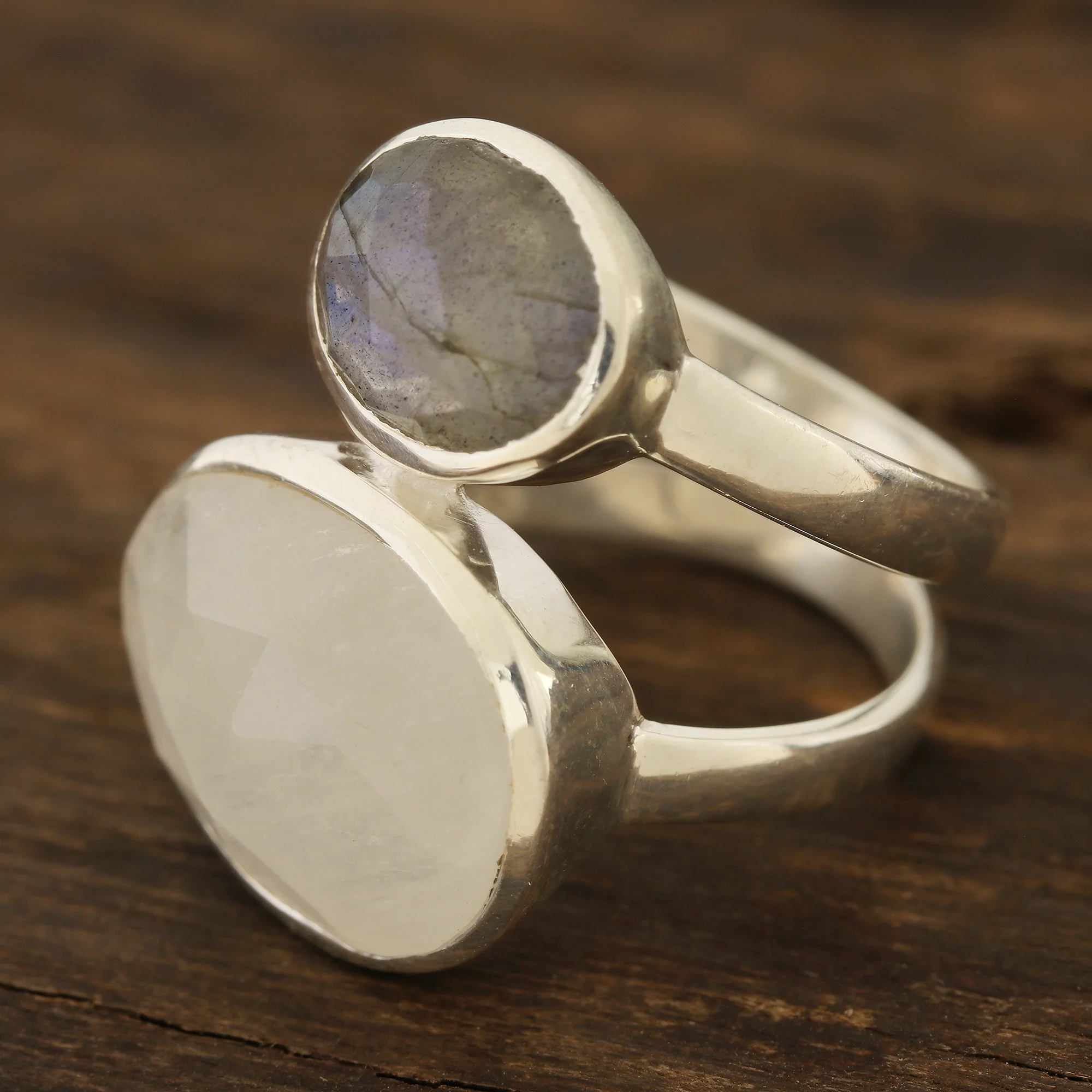 Evening Elegance Rainbow Moonstone and Labradorite Cocktail Ring from India - Image 3
