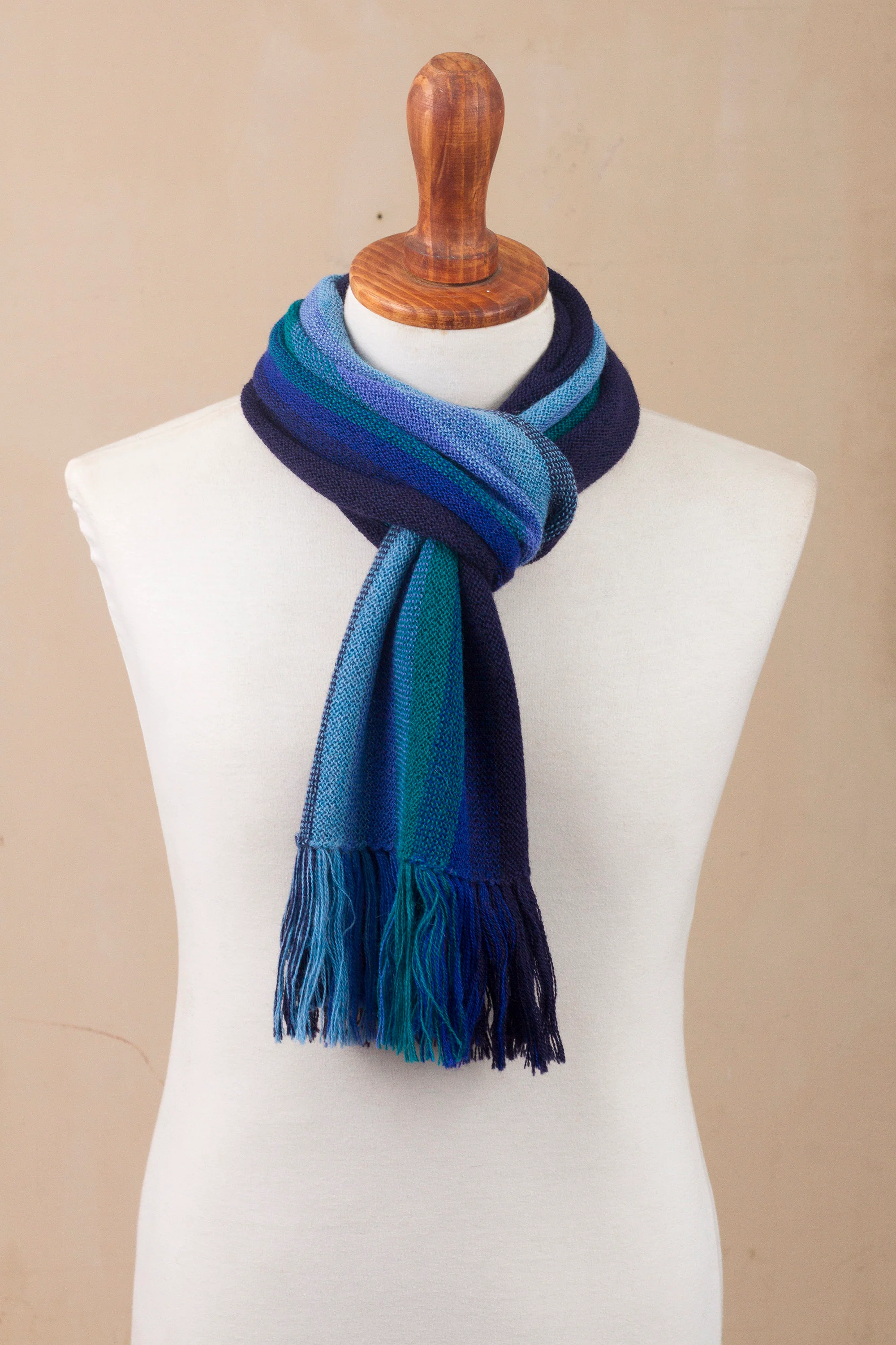 Evening Sky Stripes Multicolor Blue and Teal Striped 100% Alpaca Knit Scarf - Image 3