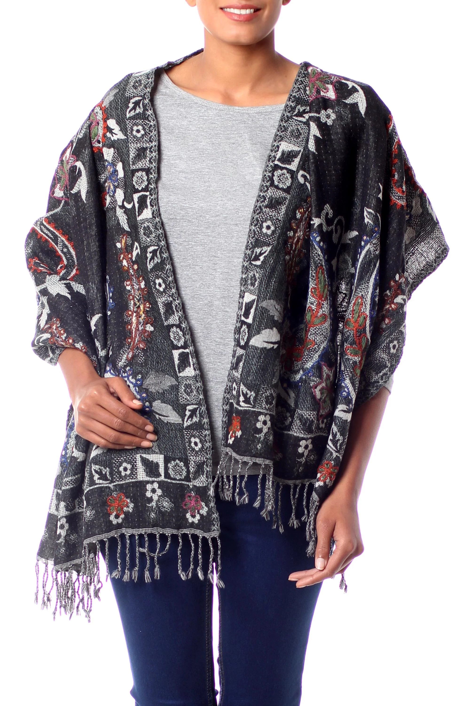 Eventide Fair Trade Floral Wool Embroidered Wrap Shawl - Image 2