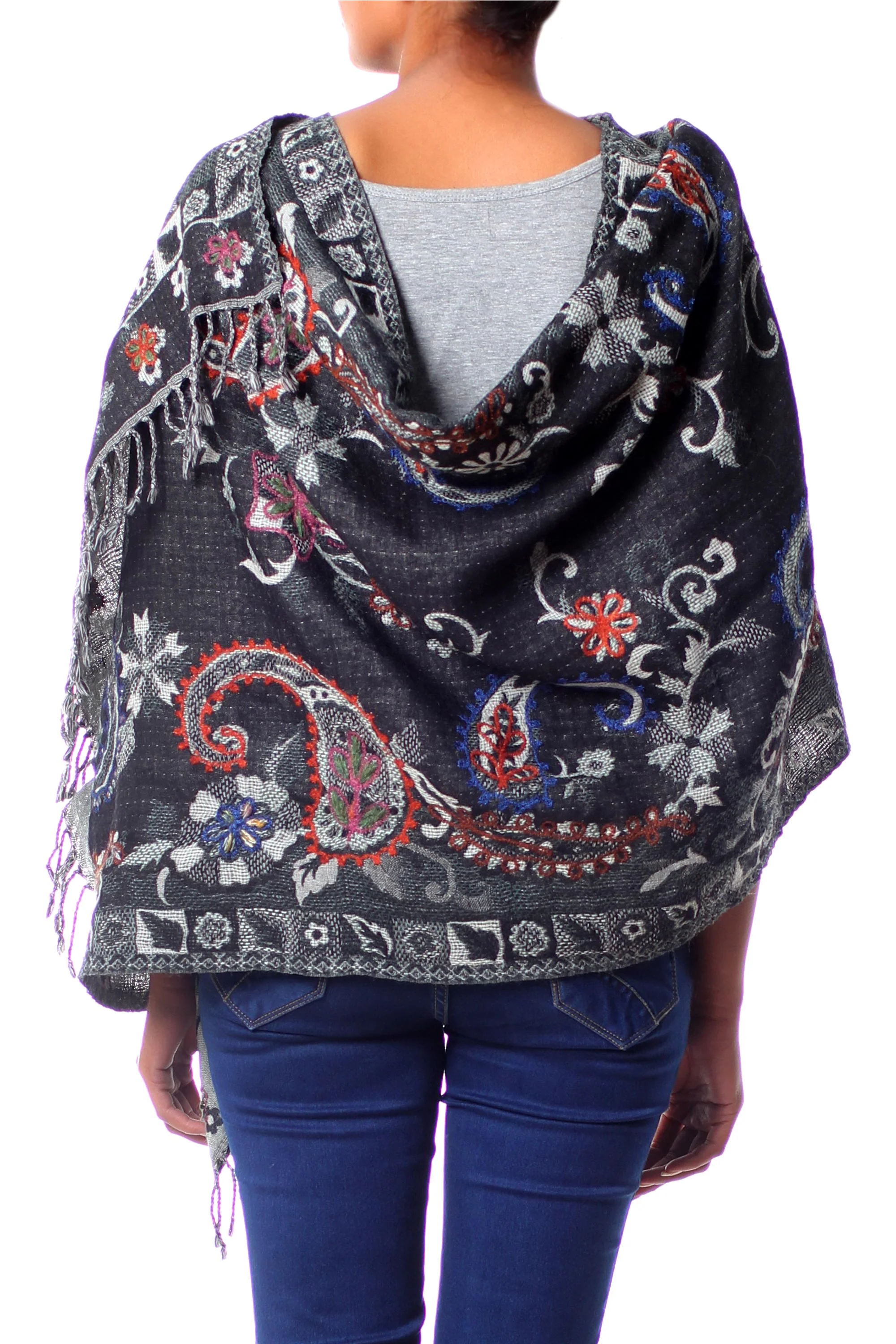 Eventide Fair Trade Floral Wool Embroidered Wrap Shawl - Image 4