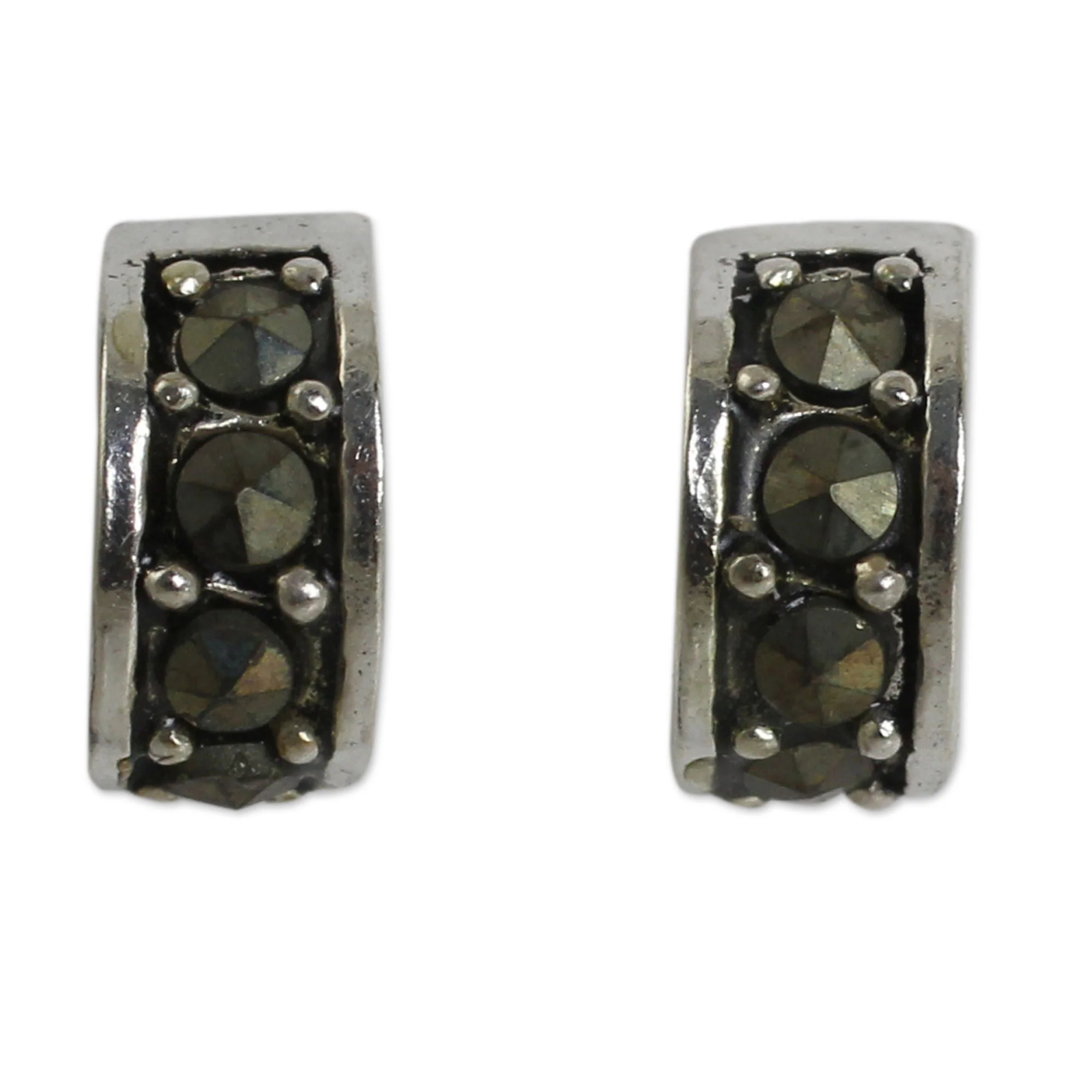 Ever Happy Marcasite Studs on Sterling Silver Half Hoop Earrings - Image 2