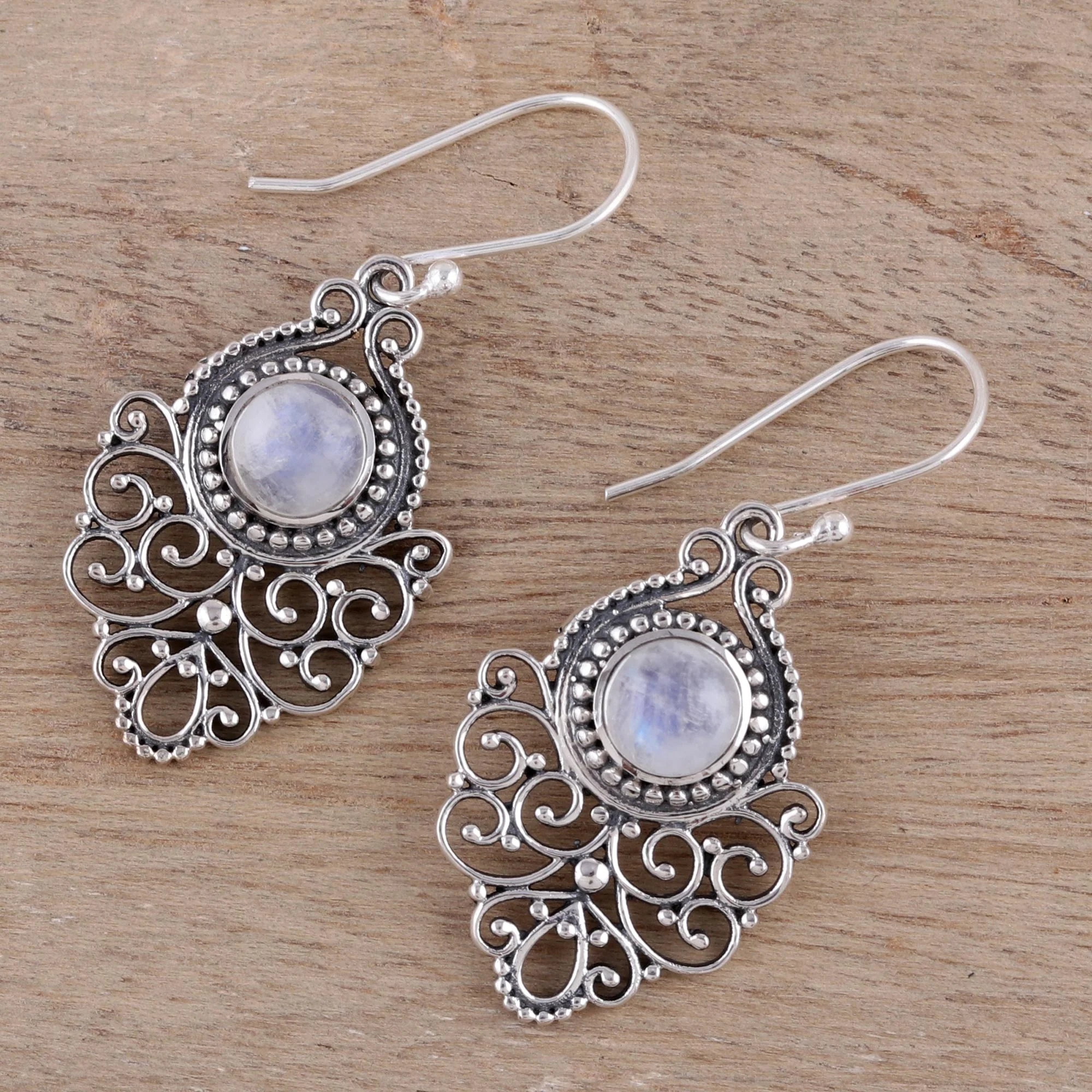 Everlasting Joy Sterling Silver Rainbow Moonstone Openwork Dangle Earrings - Image 3