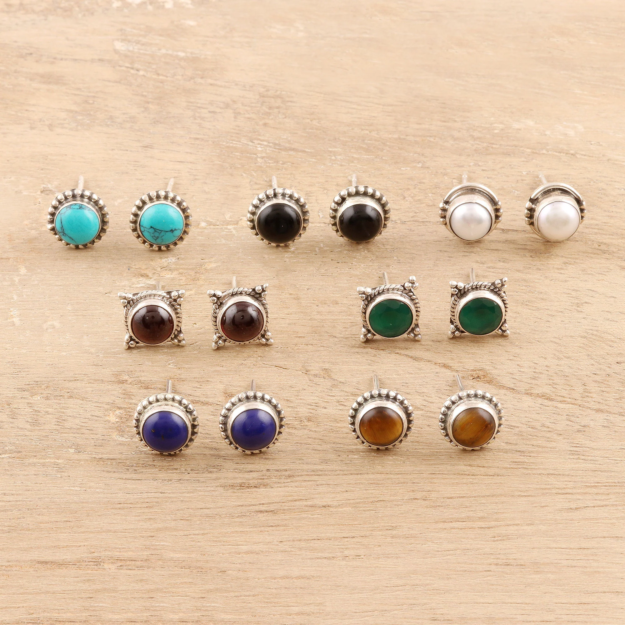 Everyday Pairs Handmade Multi-Gemstone Stud Earrings (Set of 7) - Image 3
