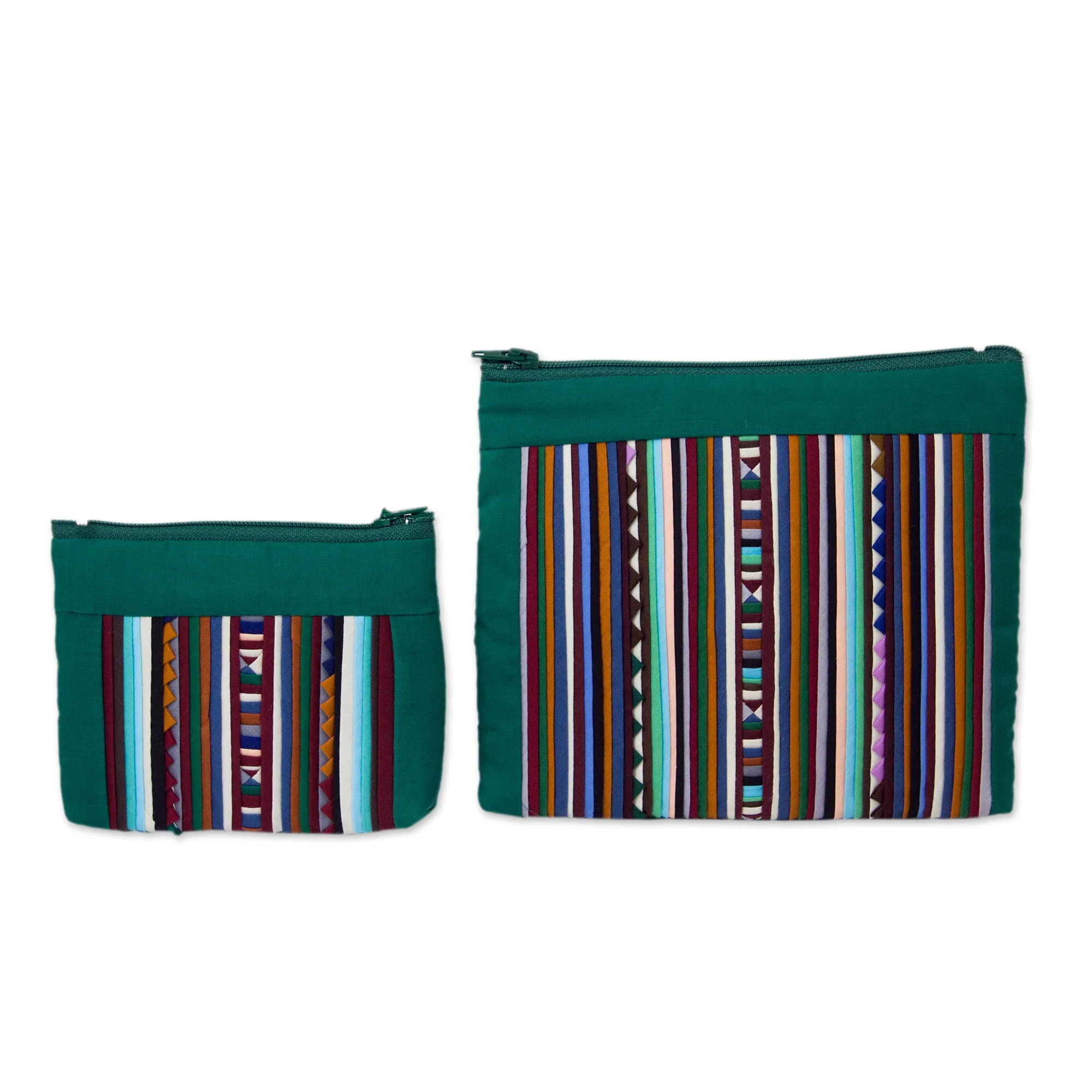 Exotic Lisu in Green Thai Hill Tribe Applique on 2 Cotton Blend Cosmetic Bags - Image 2