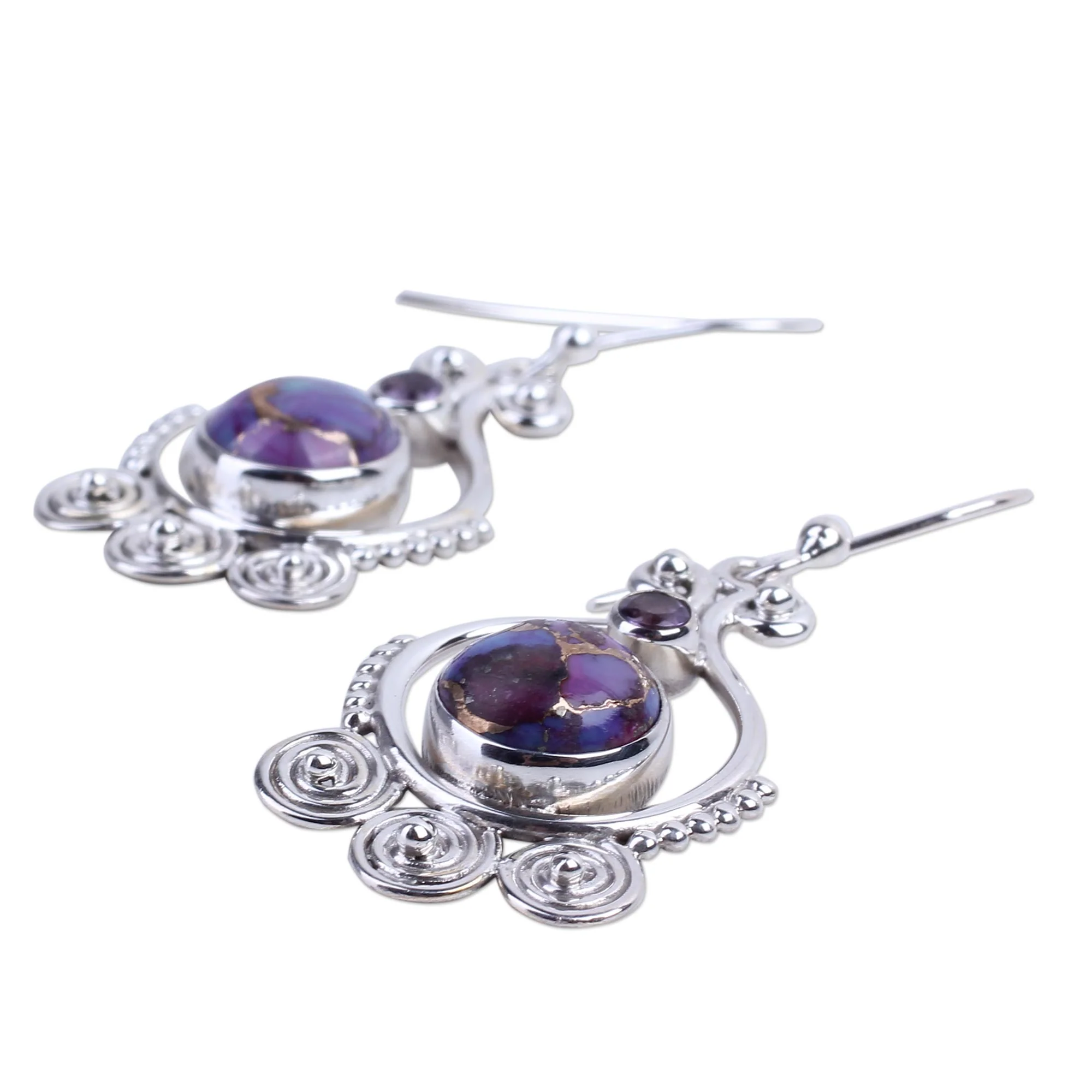 Exotic Swirls Purple Amethyst Sterling Silver Earrings Handcrafted India - Image 3
