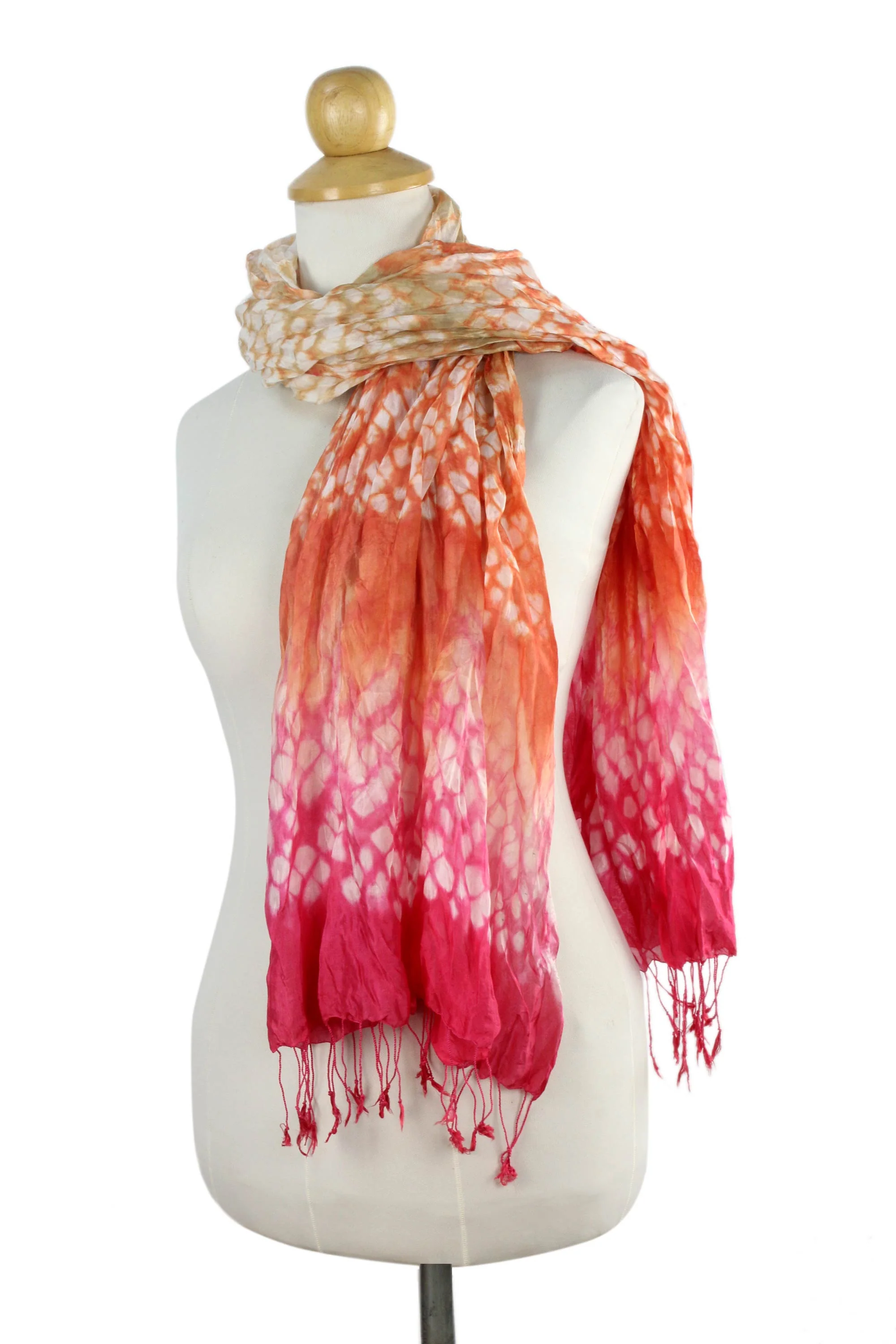 Fabulous Peach Orange and Pink Tie Dye Silk Blend Scarf - Image 2