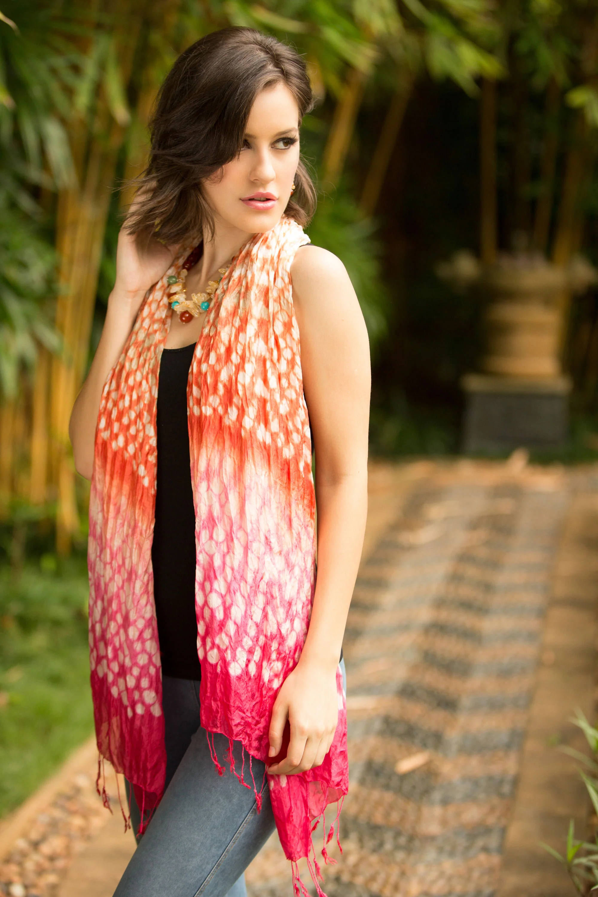 Fabulous Peach Orange and Pink Tie Dye Silk Blend Scarf - Image 3