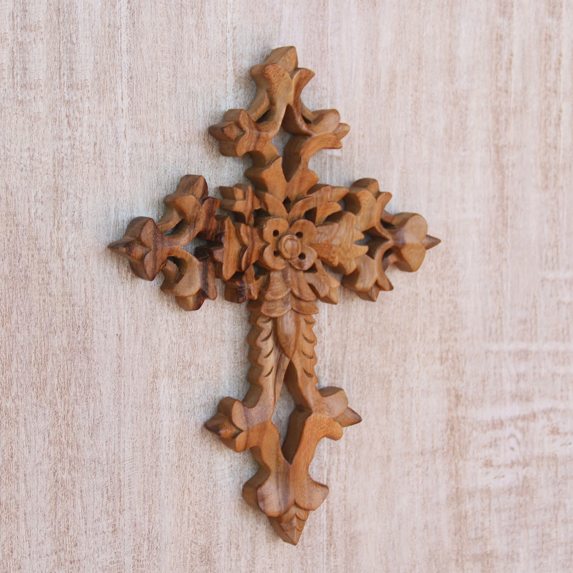 Faith Blooms Hand-Carved Floral Suar Wood Wall Cross from Bali - Image 3