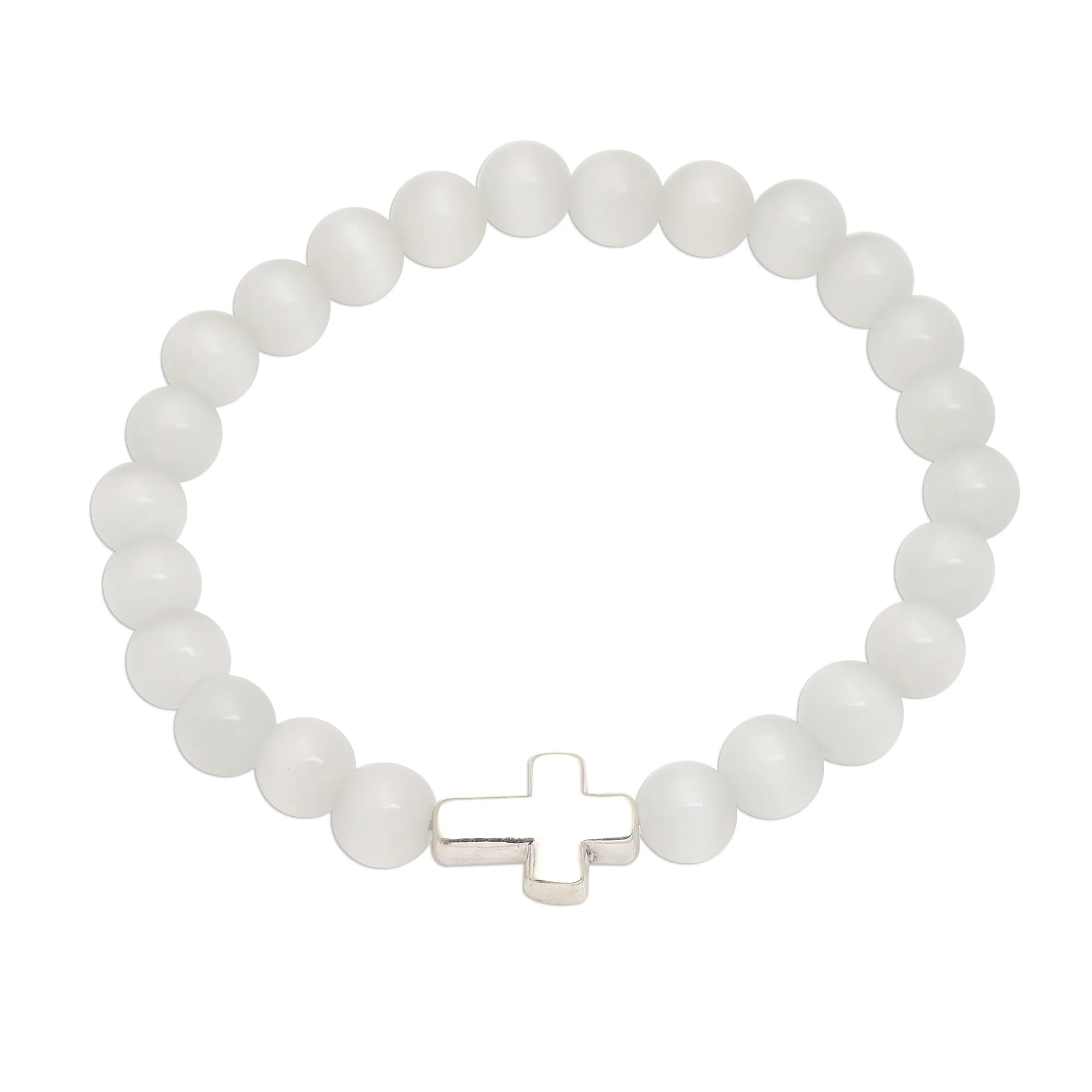 Faith in White Cross Pendant Beaded Quartz Stretch Bracelet - Image 2
