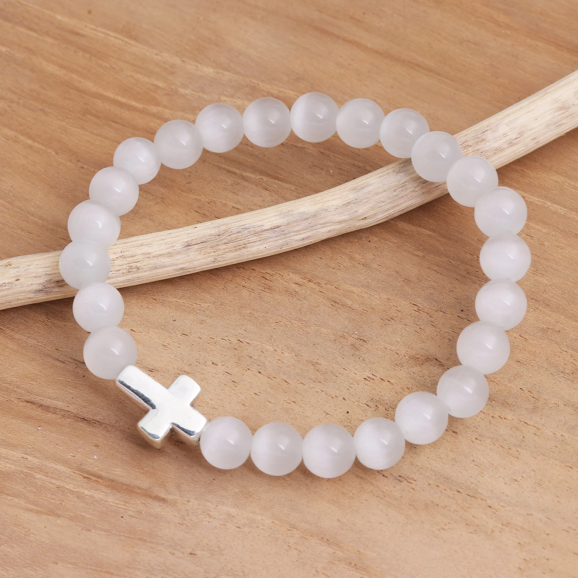 Faith in White Cross Pendant Beaded Quartz Stretch Bracelet - Image 3