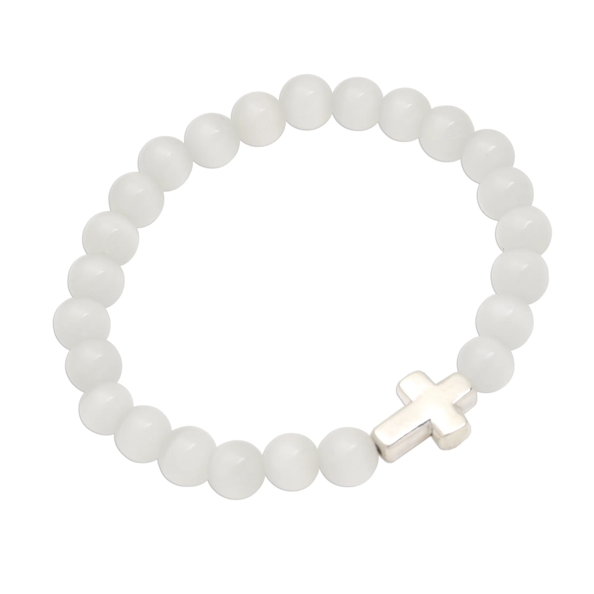 Faith in White Cross Pendant Beaded Quartz Stretch Bracelet - Image 4