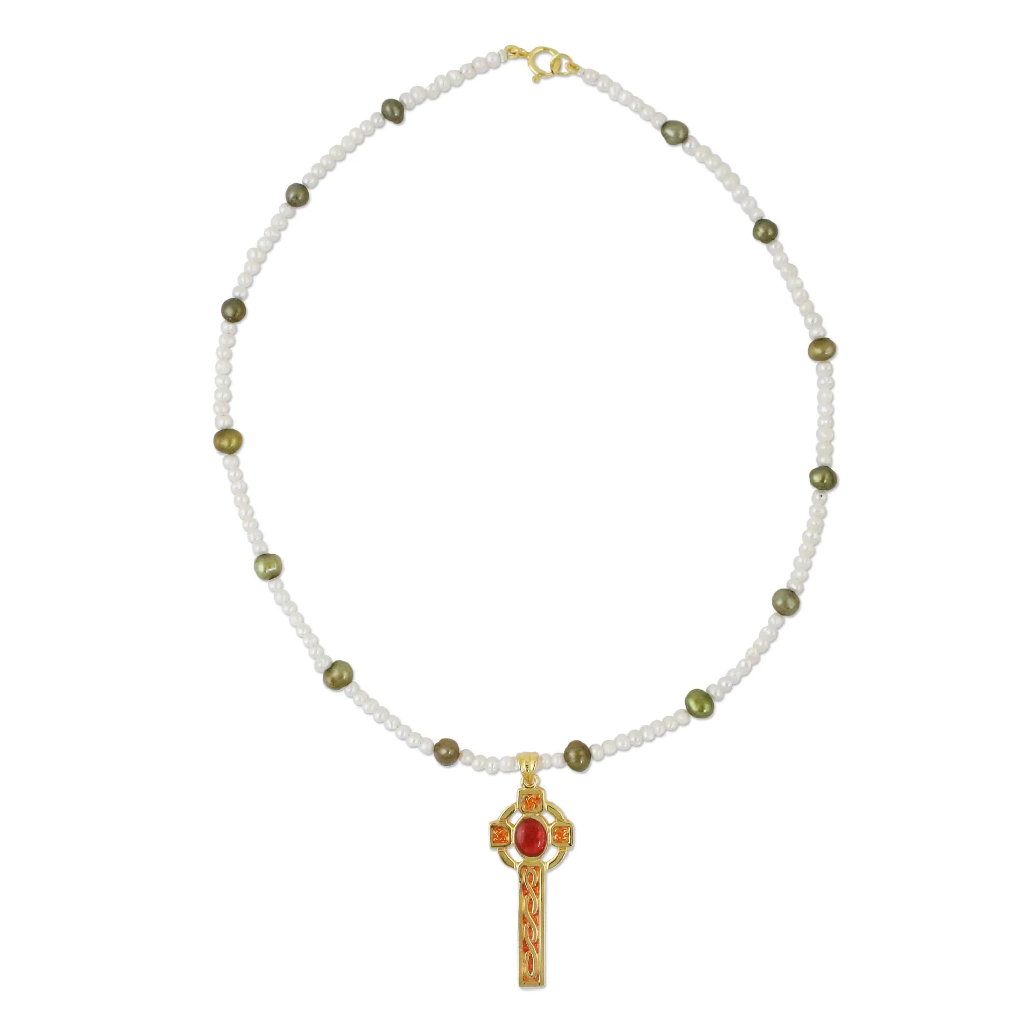 Faithful Soul in Red Gold Plated Cultured Pearl Red Cross Necklace from Thailand - Image 2