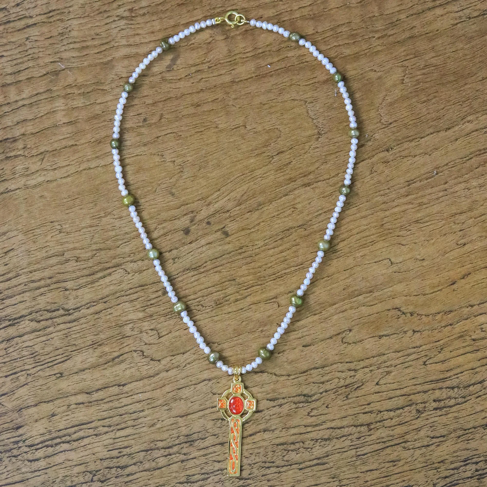 Faithful Soul in Red Gold Plated Cultured Pearl Red Cross Necklace from Thailand - Image 3