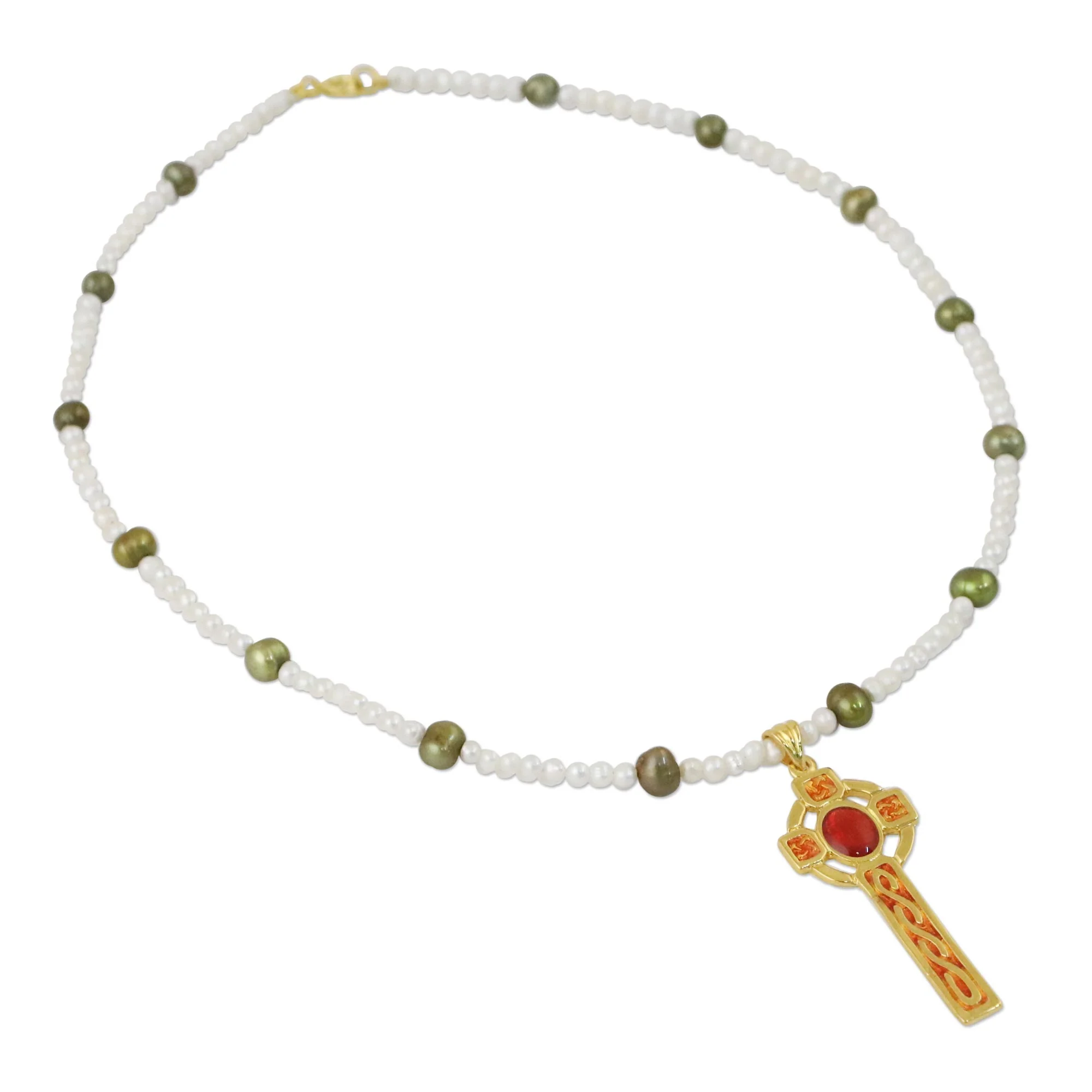 Faithful Soul in Red Gold Plated Cultured Pearl Red Cross Necklace from Thailand - Image 4