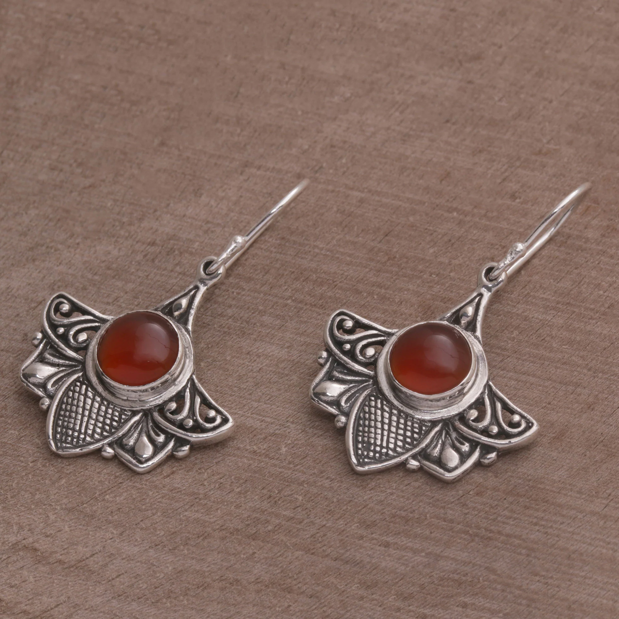 Falcon's Eye Carnelian and Sterling Silver Bird Dangle Earrings from Bali - Image 4