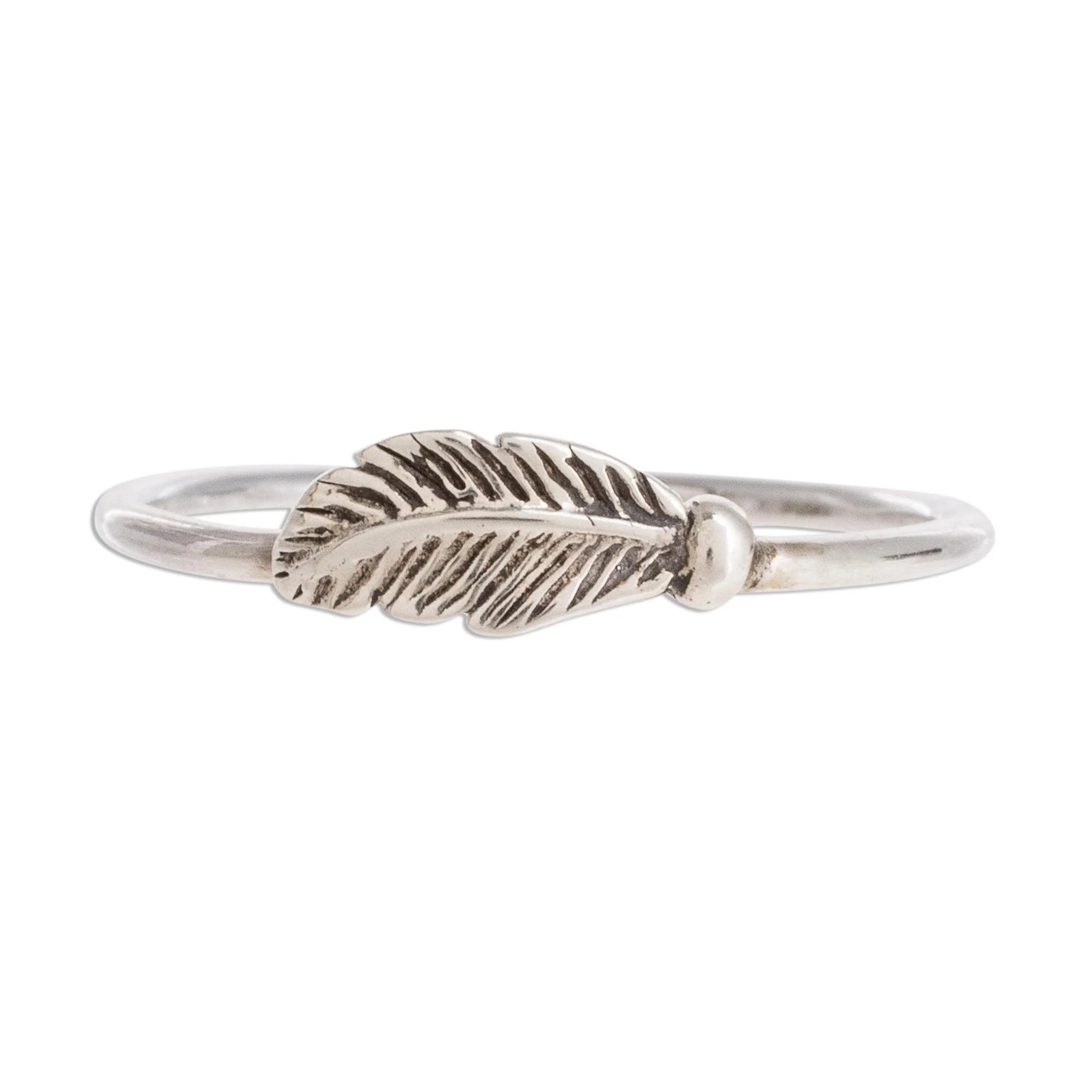 Fallen Feather Slender Sterling Silver Band Ring with Feather - Image 2