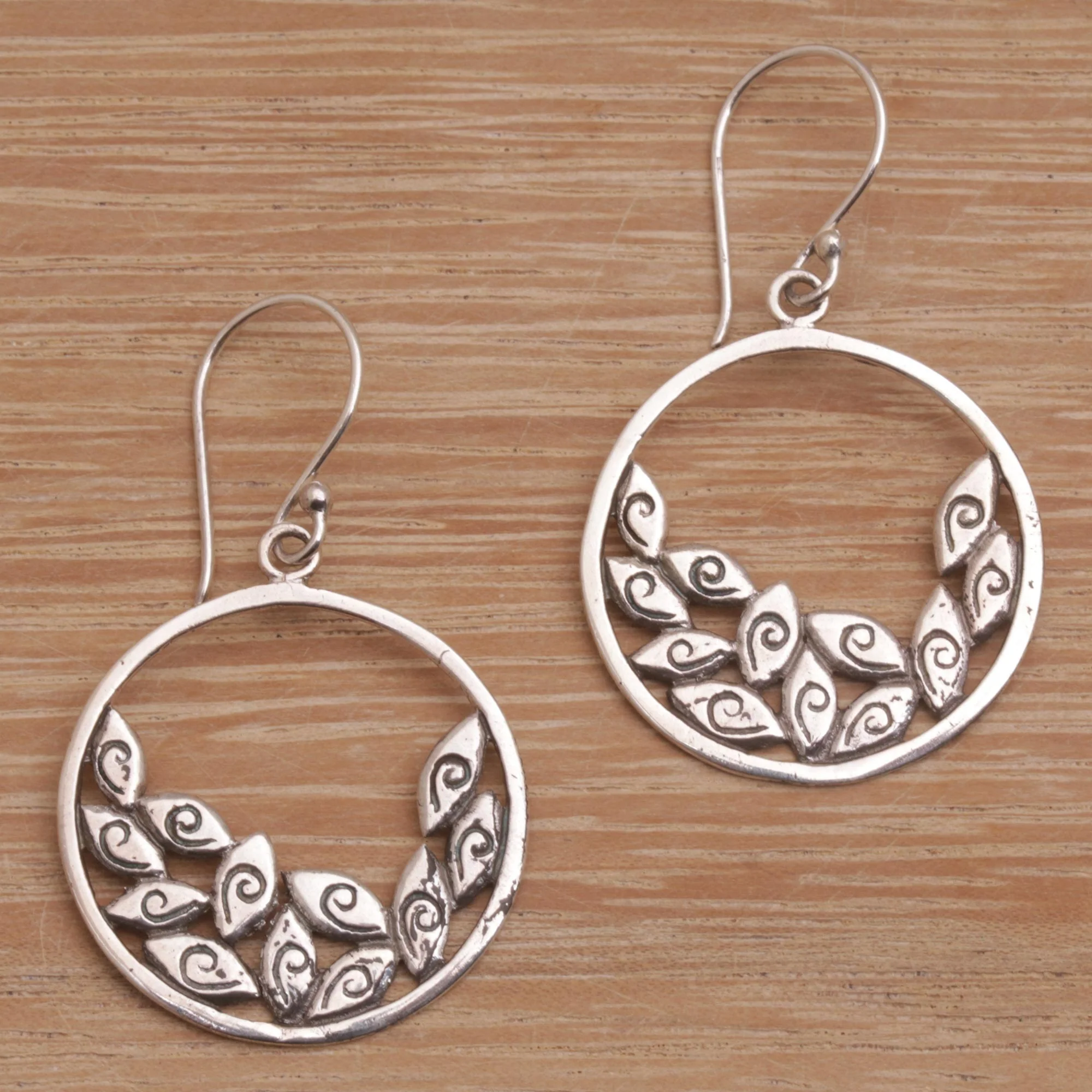 Falling Petals Circular Sterling Silver Dangle Earrings from Bali - Image 3