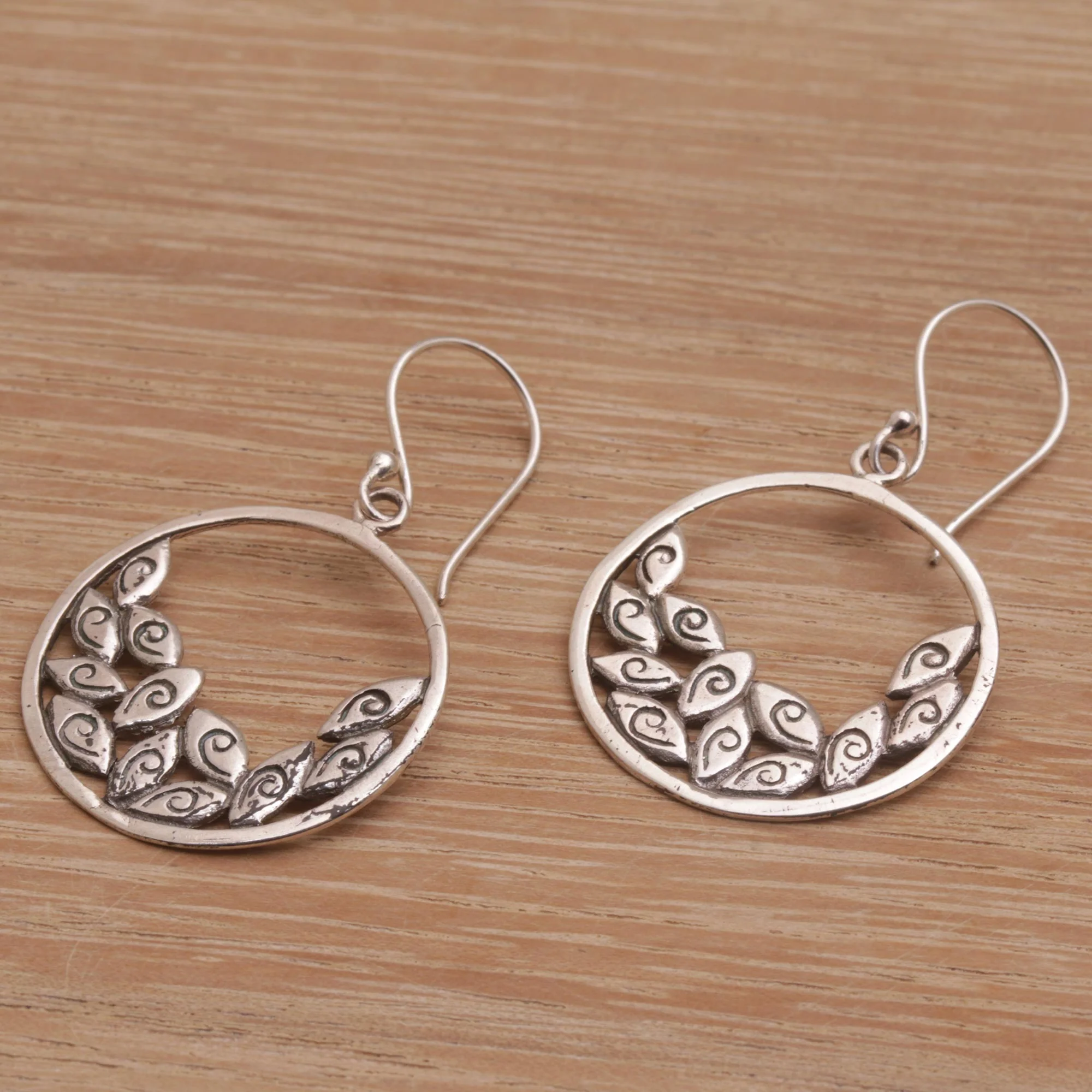 Falling Petals Circular Sterling Silver Dangle Earrings from Bali - Image 4