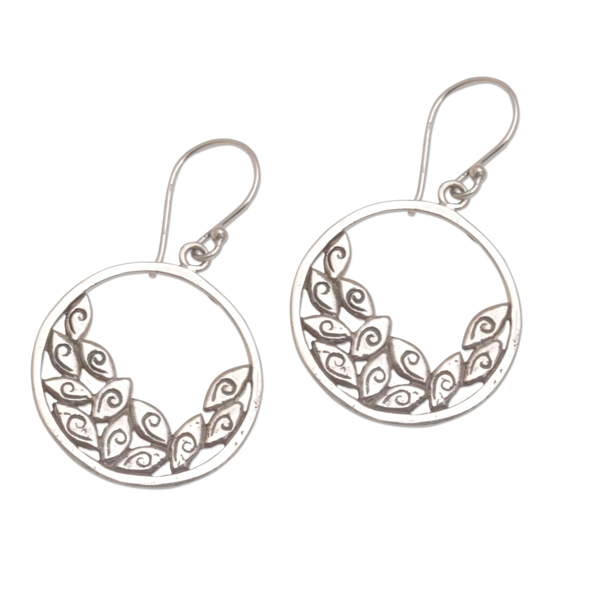 Falling Petals Circular Sterling Silver Dangle Earrings from Bali - Image 5