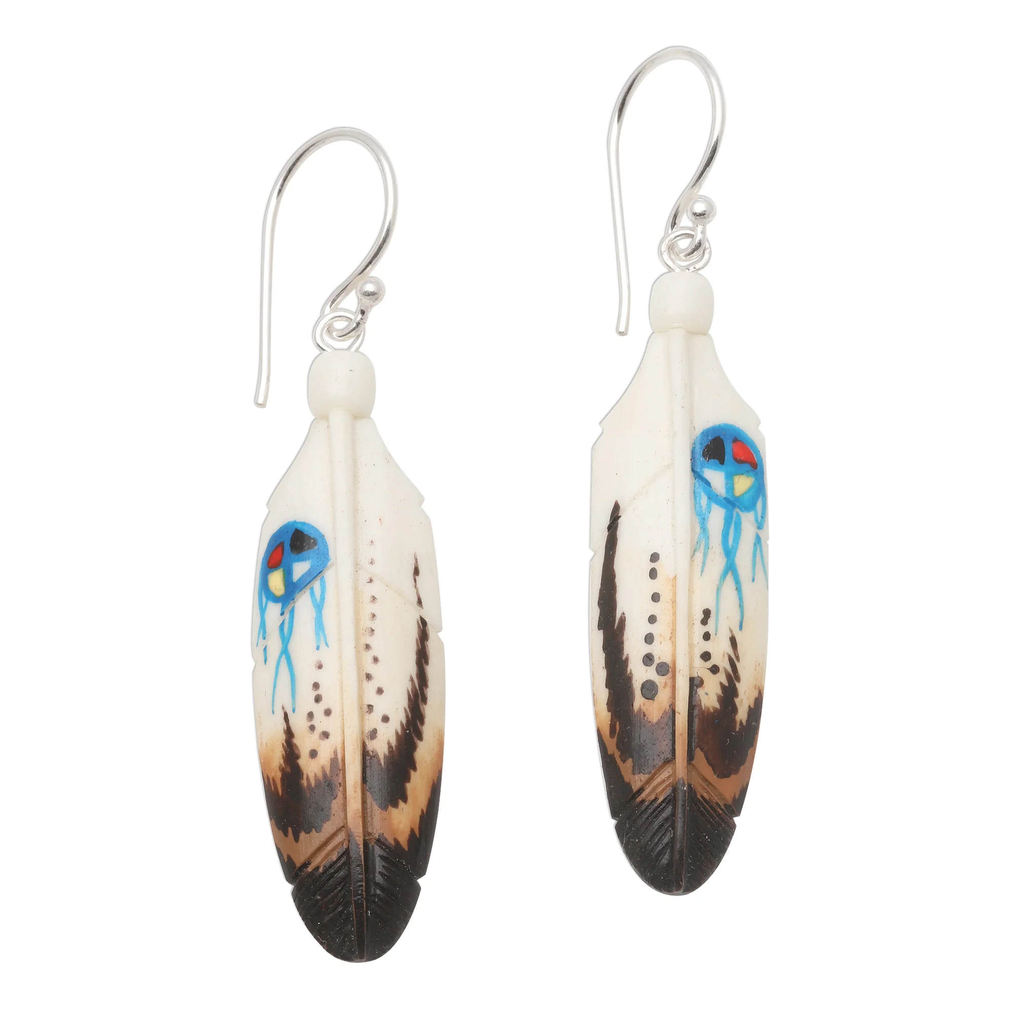 Fanciful Feathers Handcrafted Carved Bone Painted Feather Theme Earrings - Image 2