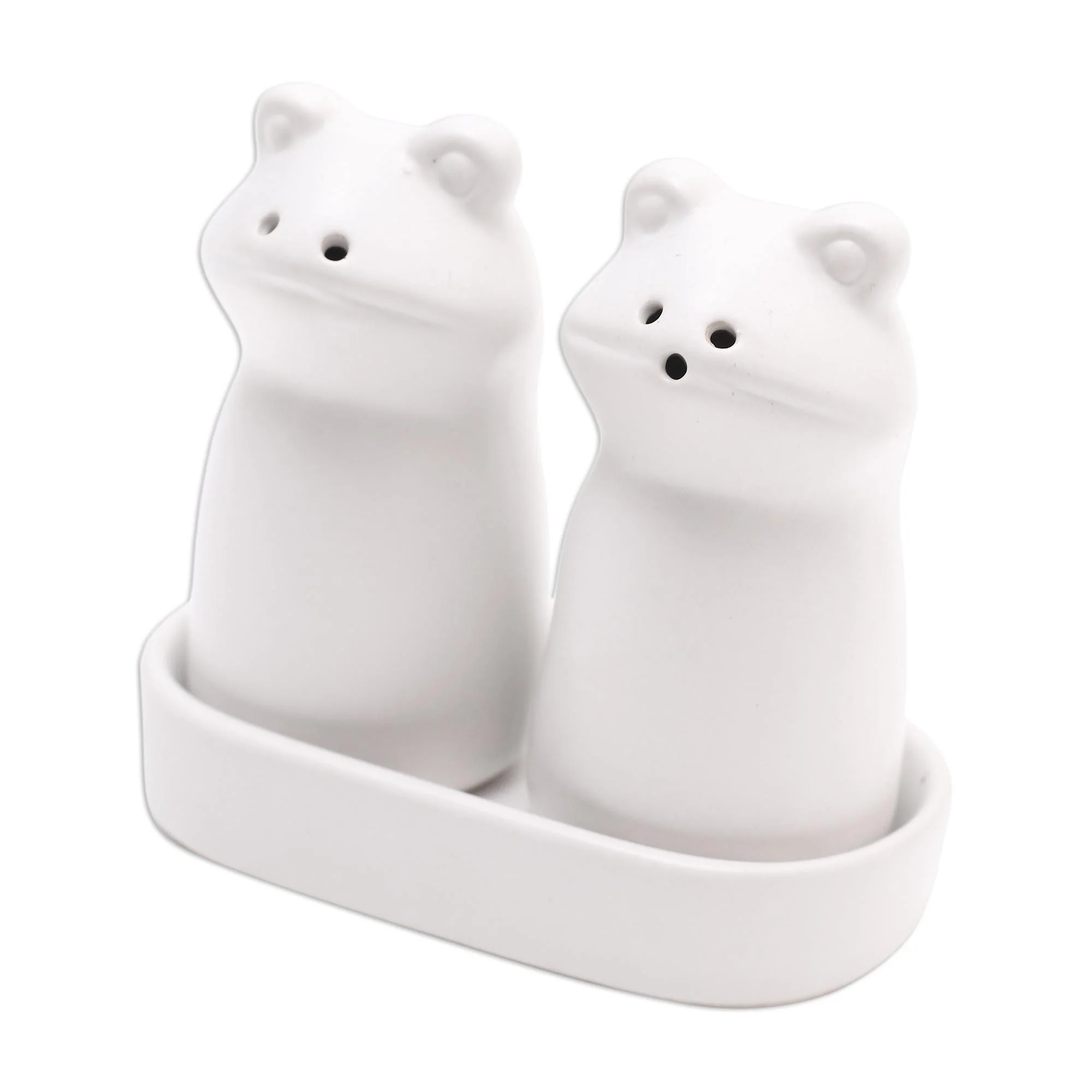 Fanciful Frogs in White Matte White Ceramic Frog Salt and Pepper Shakers with Tray - Image 2