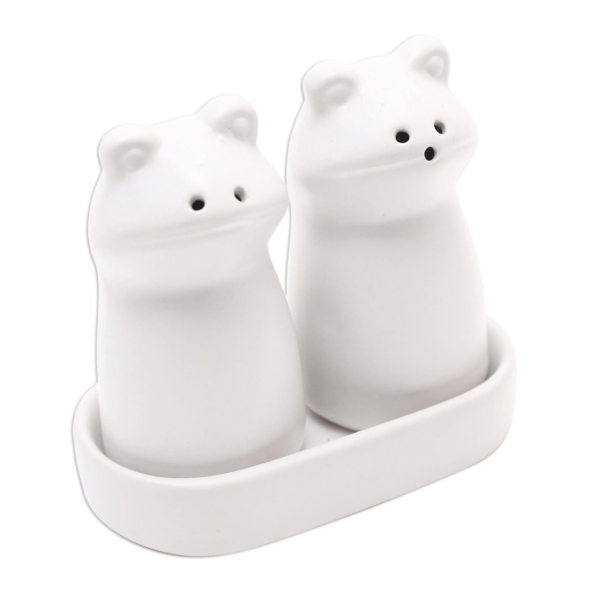 Fanciful Frogs in White Matte White Ceramic Frog Salt and Pepper Shakers with Tray - Image 4