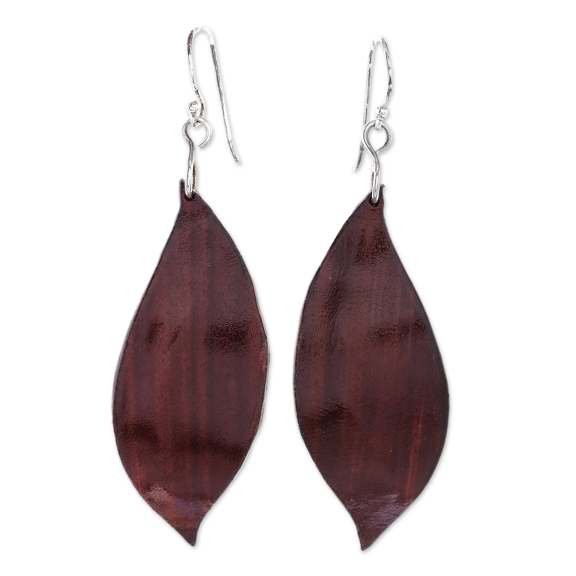 Fanciful Leaves in Brown Leaf-Shaped Leather Dangle Earrings in Brown from Thailand - Image 2