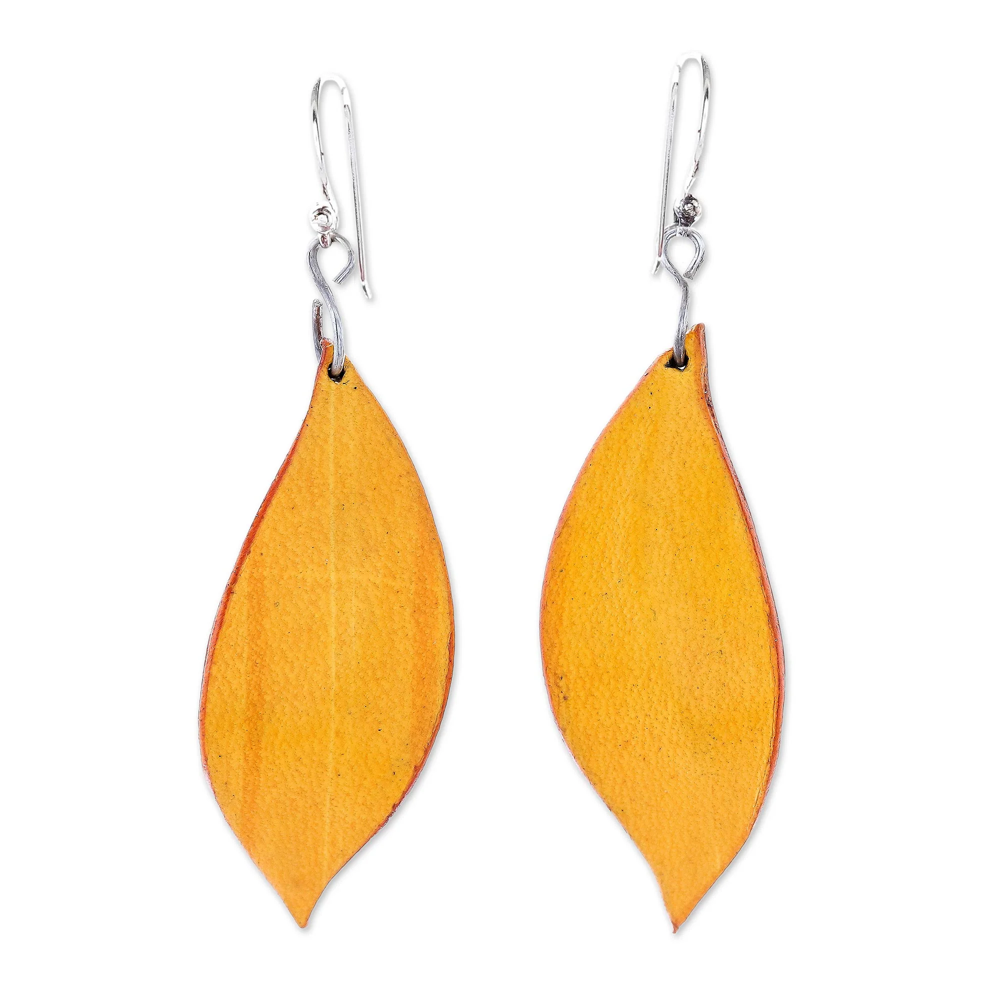 Fanciful Leaves in Yellow Leaf-Shaped Leather Dangle Earrings in Yellow from Thailand - Image 2