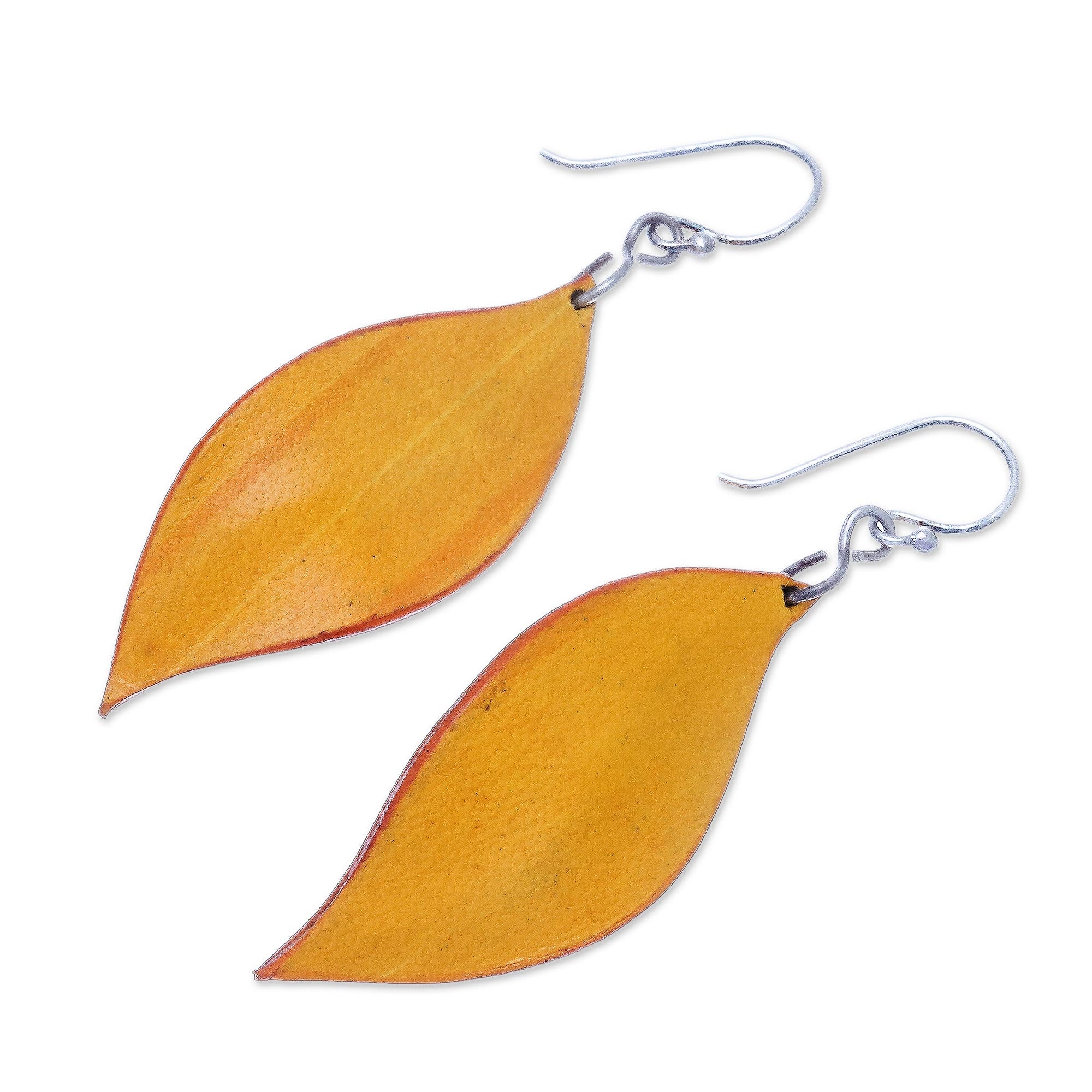 Fanciful Leaves in Yellow Leaf-Shaped Leather Dangle Earrings in Yellow from Thailand - Image 4