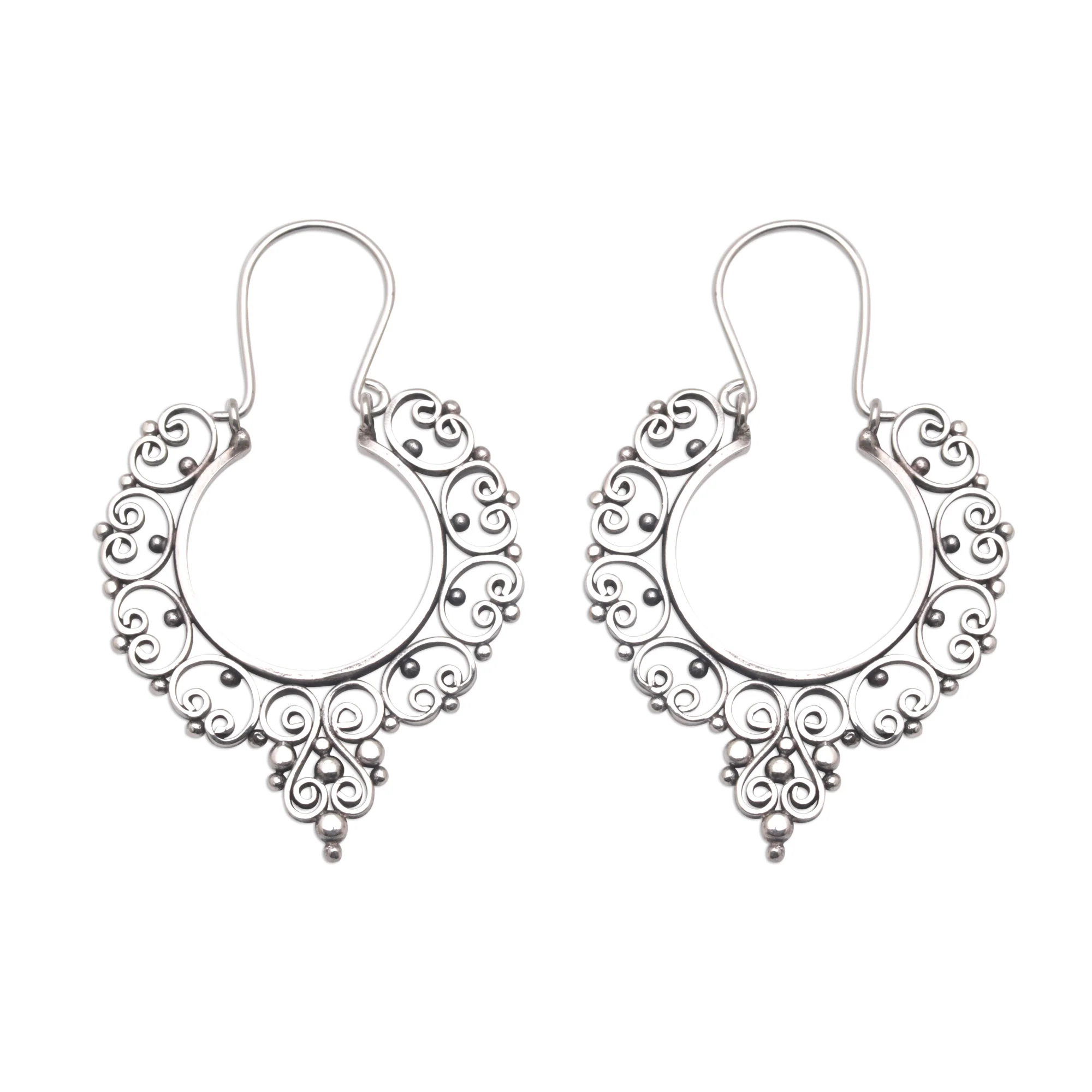 Fanciful Sterling Silver Ornate Hoop Earrings - Image 2