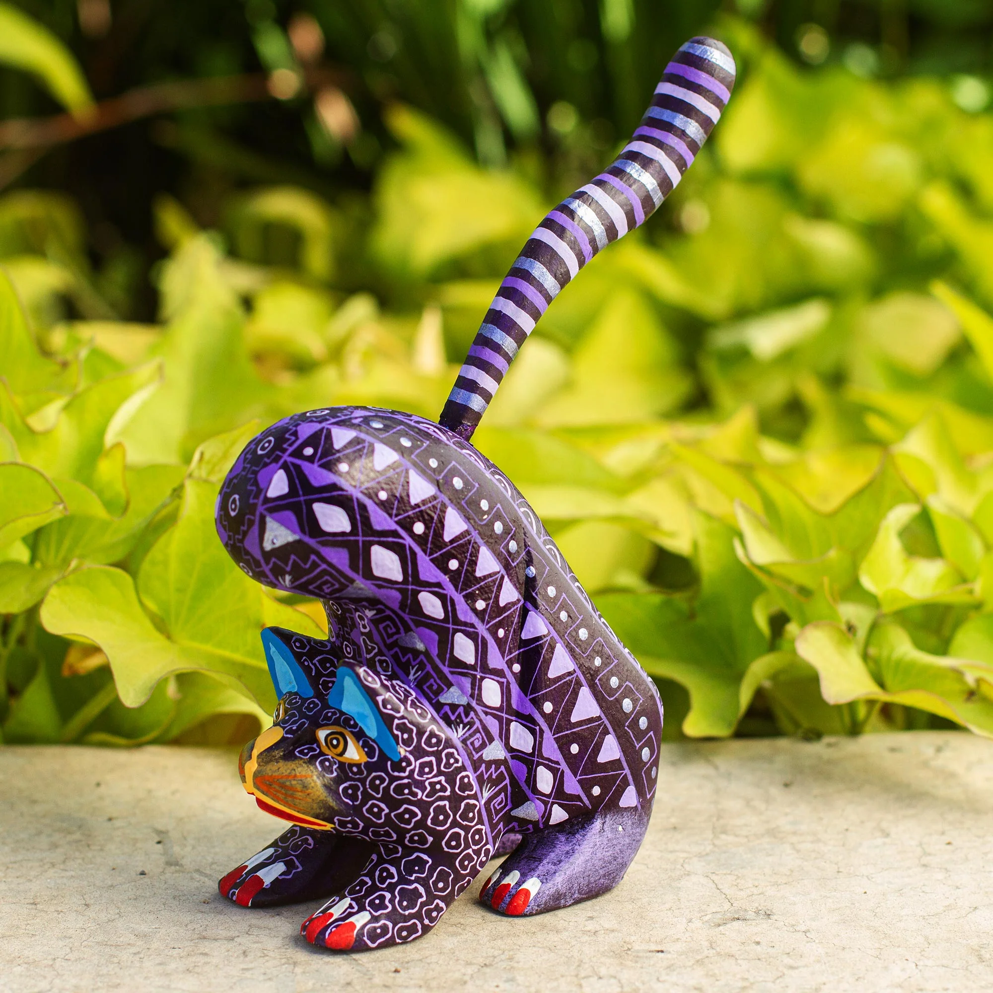 Fantastic Stretch Wood Alebrije Cat Figurine in Purple from Mexico - Image 3